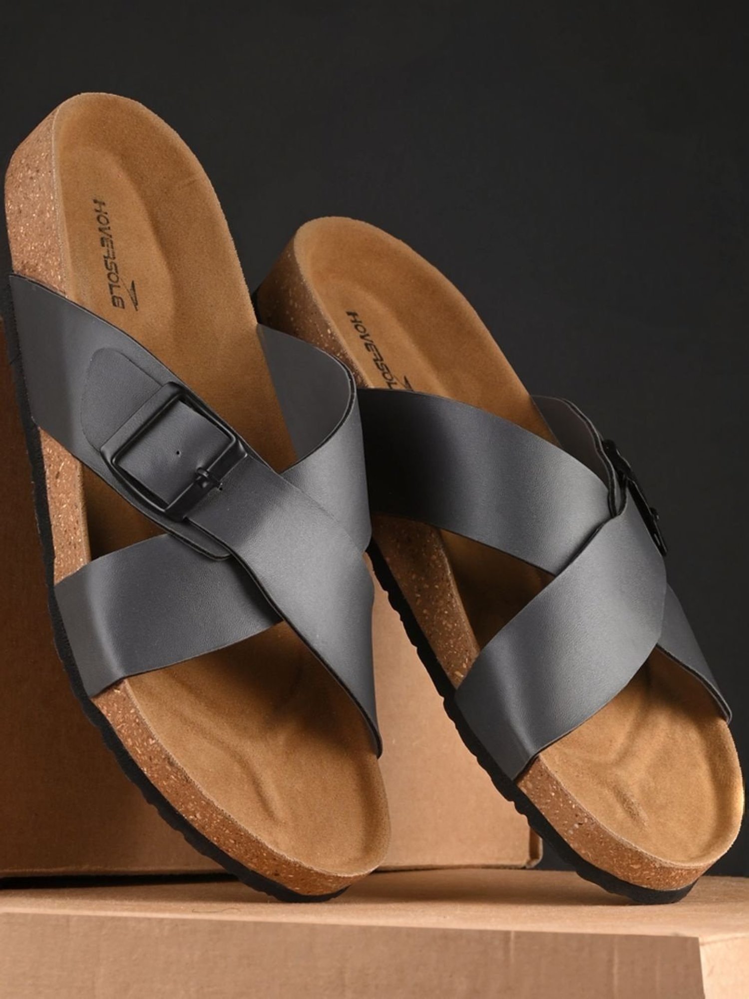 Hoversole Men's Grey Cork Cross Strap Sandals