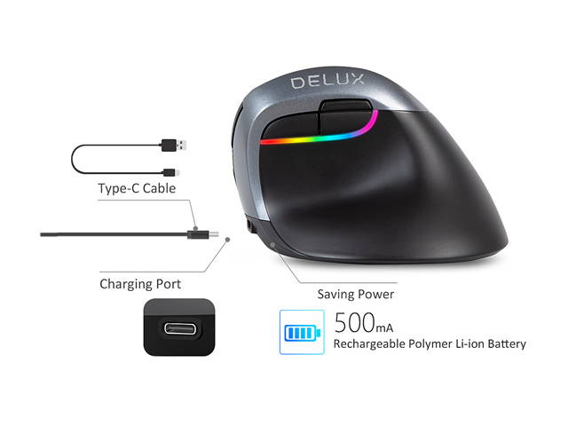 DELUX Wireless Small Vertical Mouse, Type-C Rechargeable Dual Mode Silent Ergonomic Mice with Bluetooth 4.0 and USB Nano Receiver, 4 Adjustable DPI and 6 Buttons (M618mini-White)