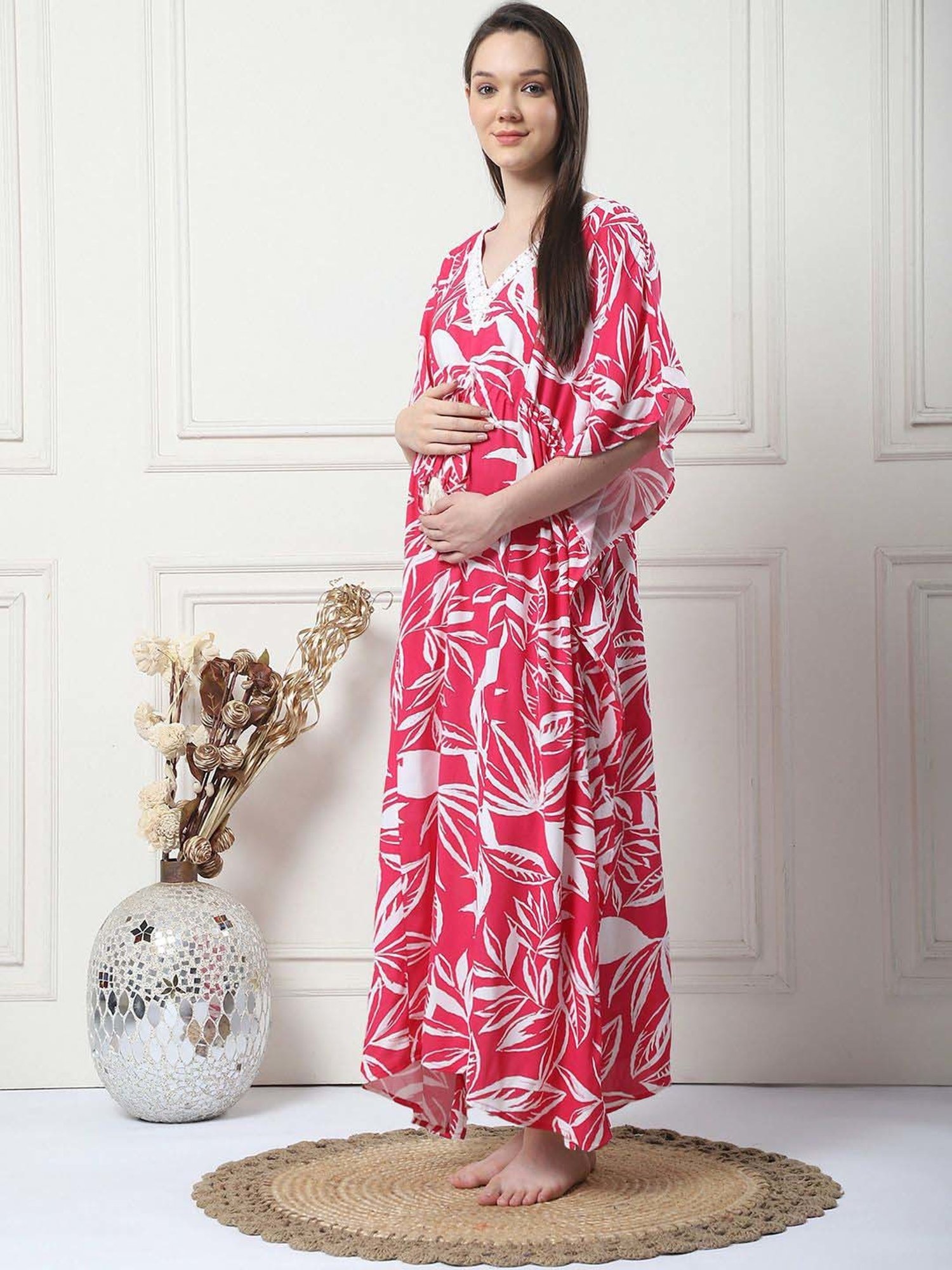 Secret Wish Pink Rayon Floral Straight Kaftan