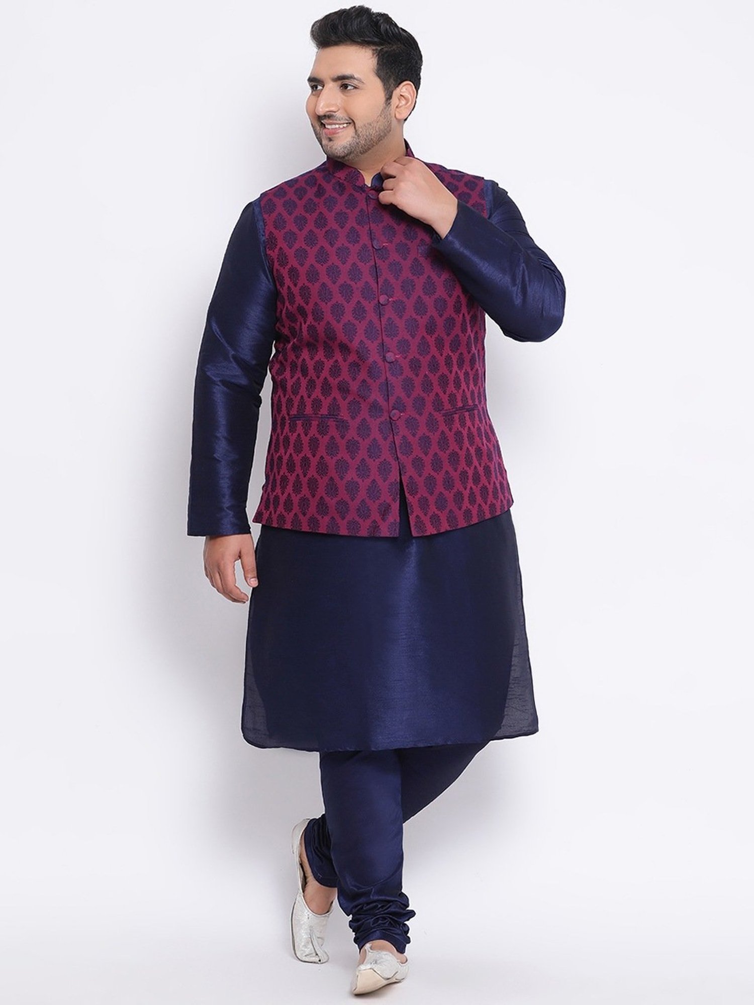 KISAH PLUS Navy & Purple Regular Fit Printed Kurta Set With Jacket