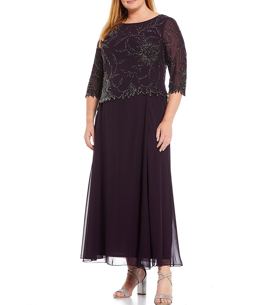 Jkara Plus Size 3/4 Sleeve Round Neck Beaded Gown