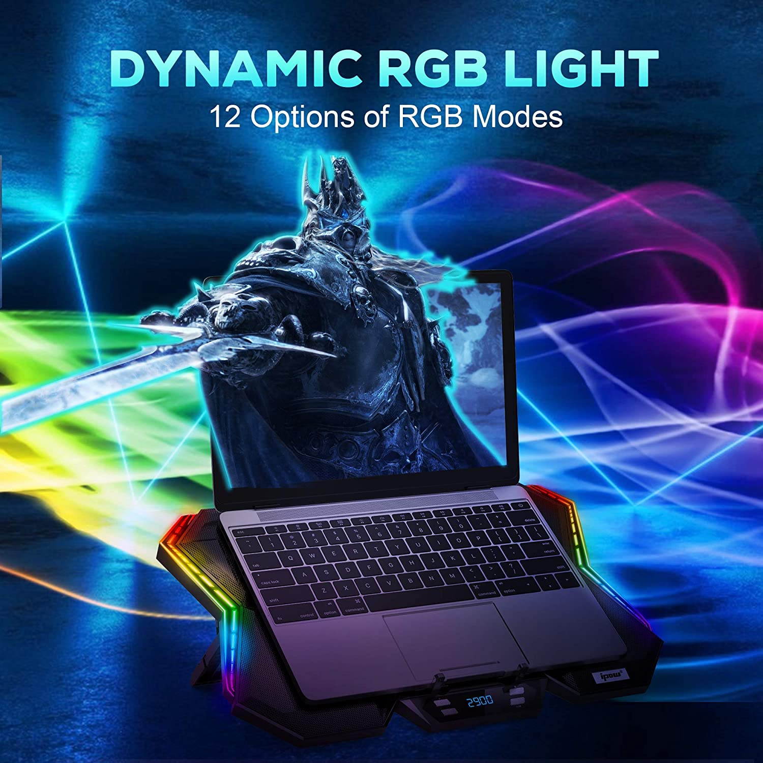 RGB Laptop Cooling Pad Gaming Laptop Cooler with 6 High-Speed Adjustable Fans, 7 Heights Stand, LED Screen, 2 USB Ports, Compatible up to 17'' Laptop & PS4