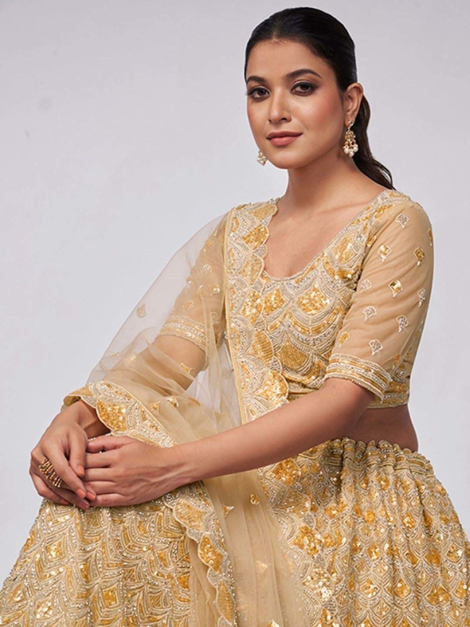 Odette Beige Embroidered Semi-Stitched Lehenga Choli Set with Dupatta