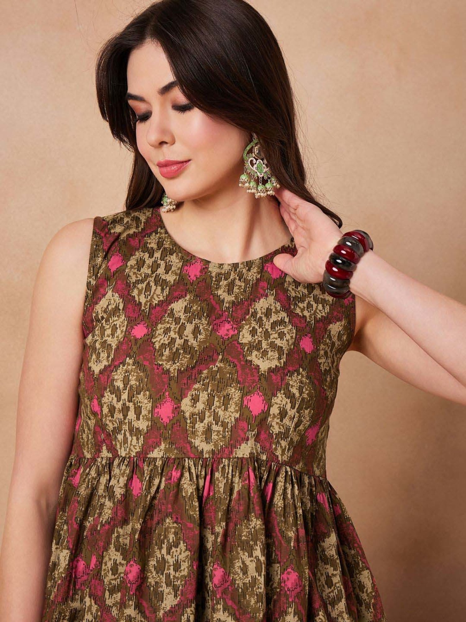 Inweave Olive Green & Maroon Cotton Printed Top