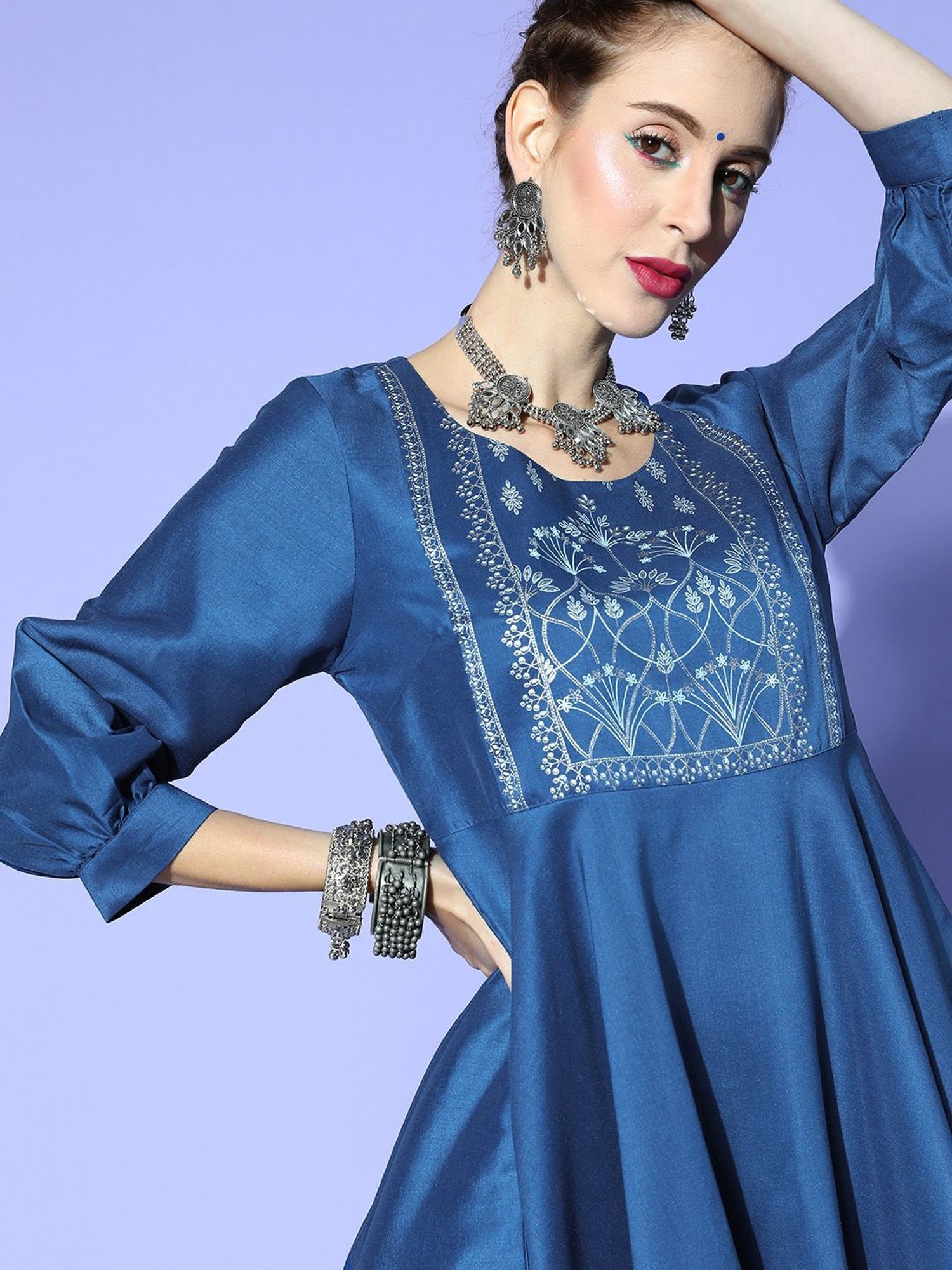 Ziyaa Blue Floral Print Kurti Palazzo Set
