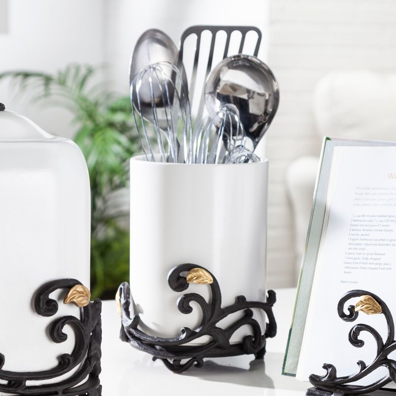 GG Collection 8-Inch Tall Gold Leaf Ceramic Vase or Utensil Holder, White Stoneware and Metal Espresso Brown Vine Base with Golf Leaf Accents