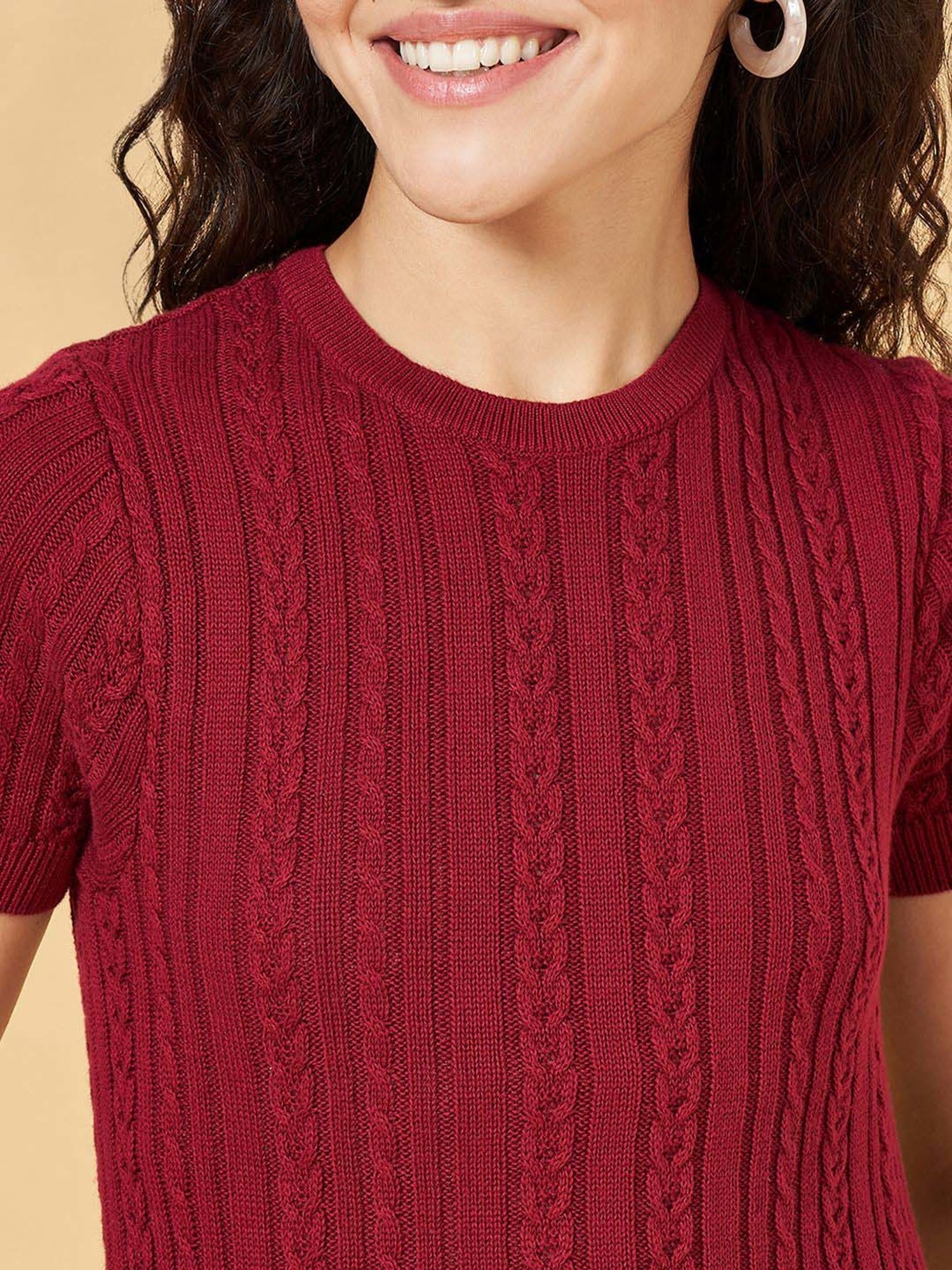 People by Pantaloons Maroon Cotton Self Pattern Top