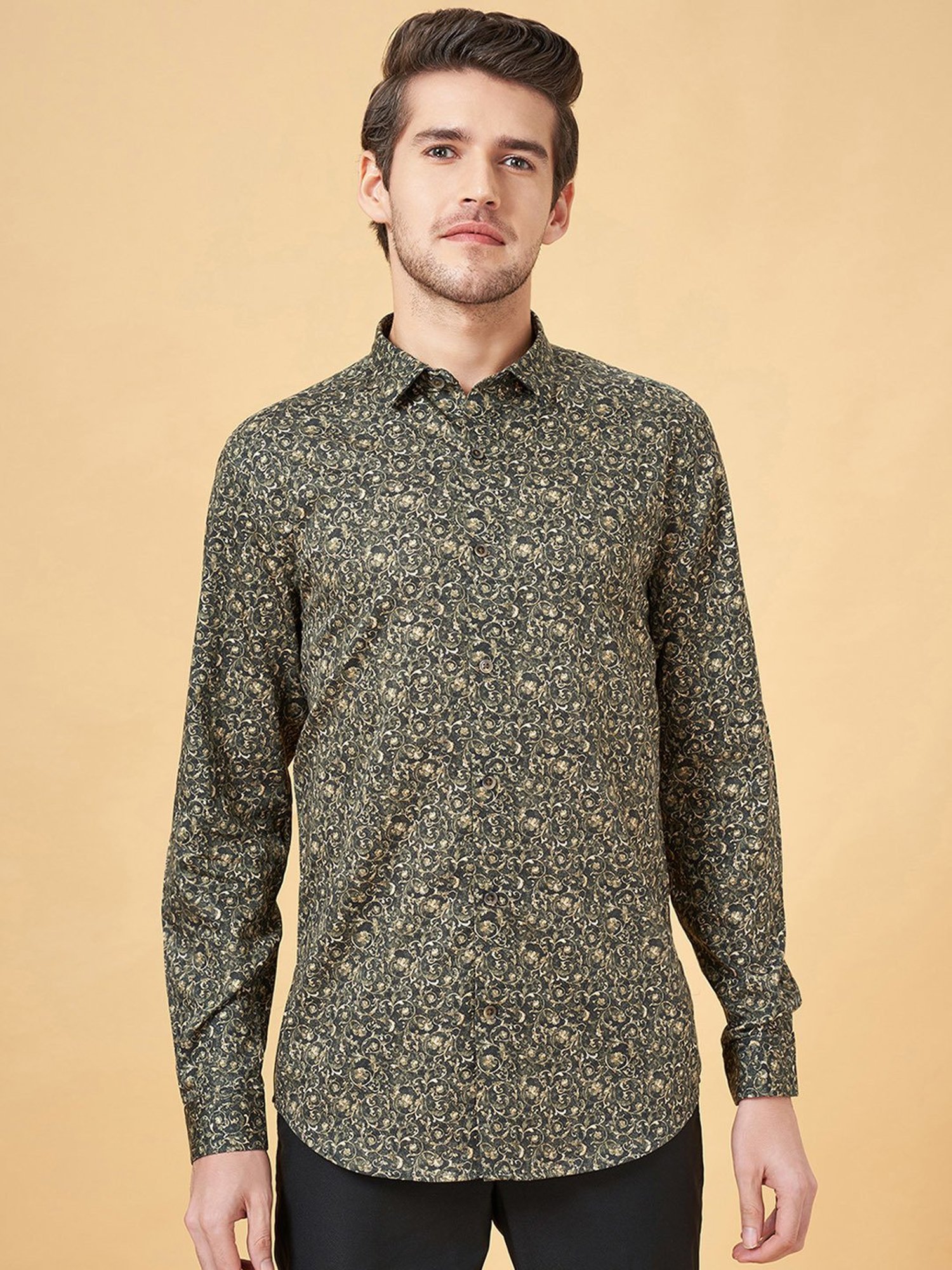 Peregrine by Pantaloons Jet Black Slim Fit Printed Shirt