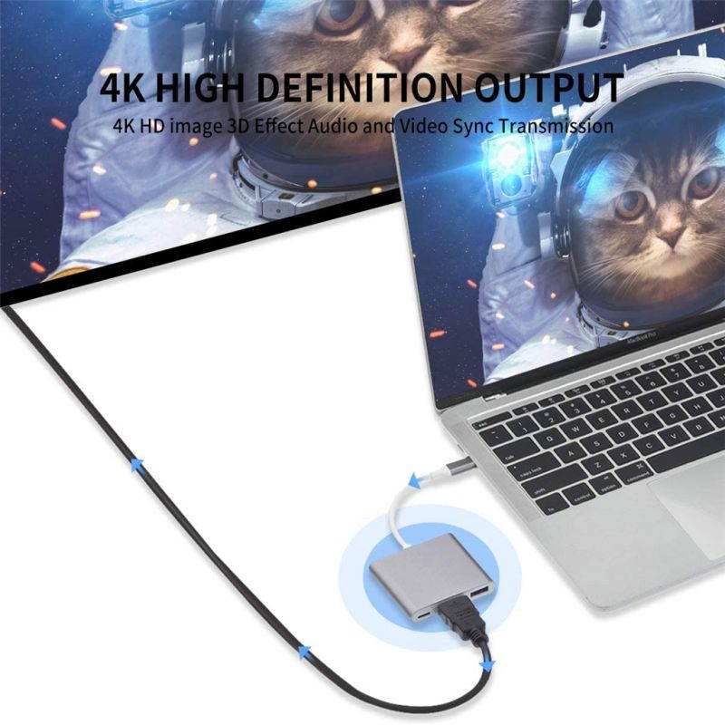 HDMI USB C To HDMI 3.1 Converter Adapter Type C To HDMI/USB 3.0/Type C Adapter Type-C Aluminum For Macbook-Silver