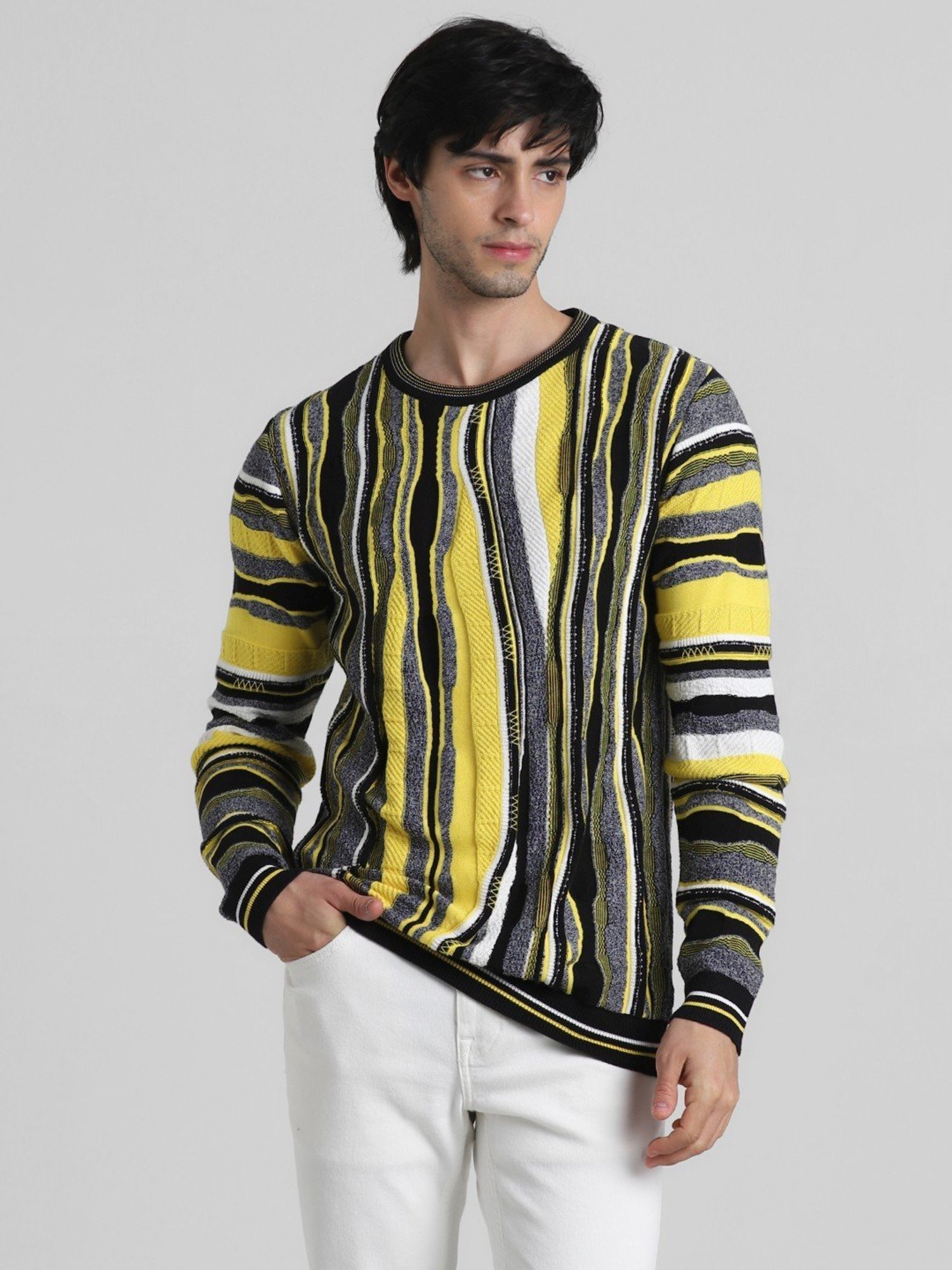 Jack & Jones Yellow & Black Cotton Regular Fit Striped Sweater
