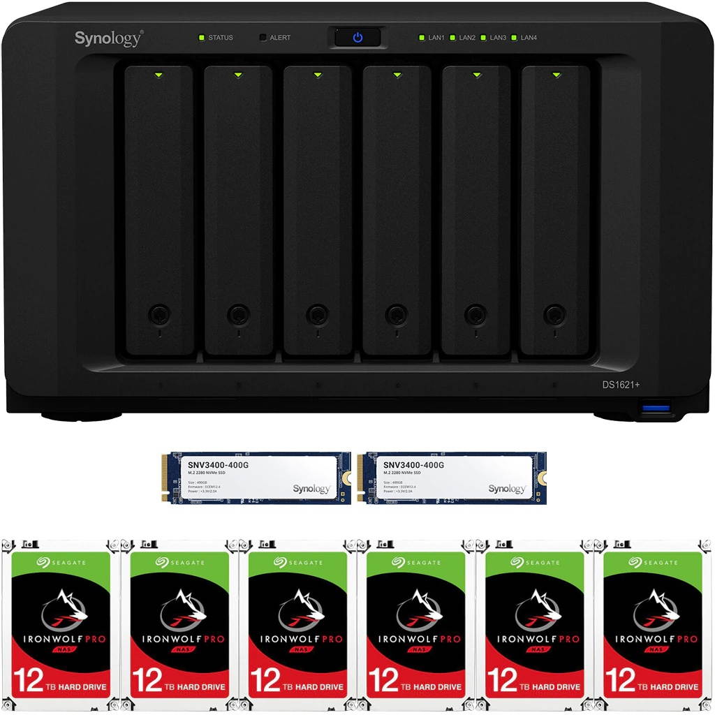 Synology DS1621+ DiskStation with 32GB RAM and 72TB (6 x 12TB) of Seagate Ironwolf PRO NAS Drives and 800GB (2x400GB) NVME Cache Fully Assembled and Tested By CustomTechSales