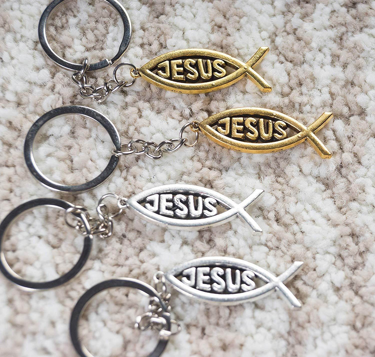 Jesus Fish Keychains - 24-Pack Metal Jesus Fish Key Chains, Jesus Key Rings, Religious Door Car Key Holders, Religious Favors for Christians, Silver and Gold