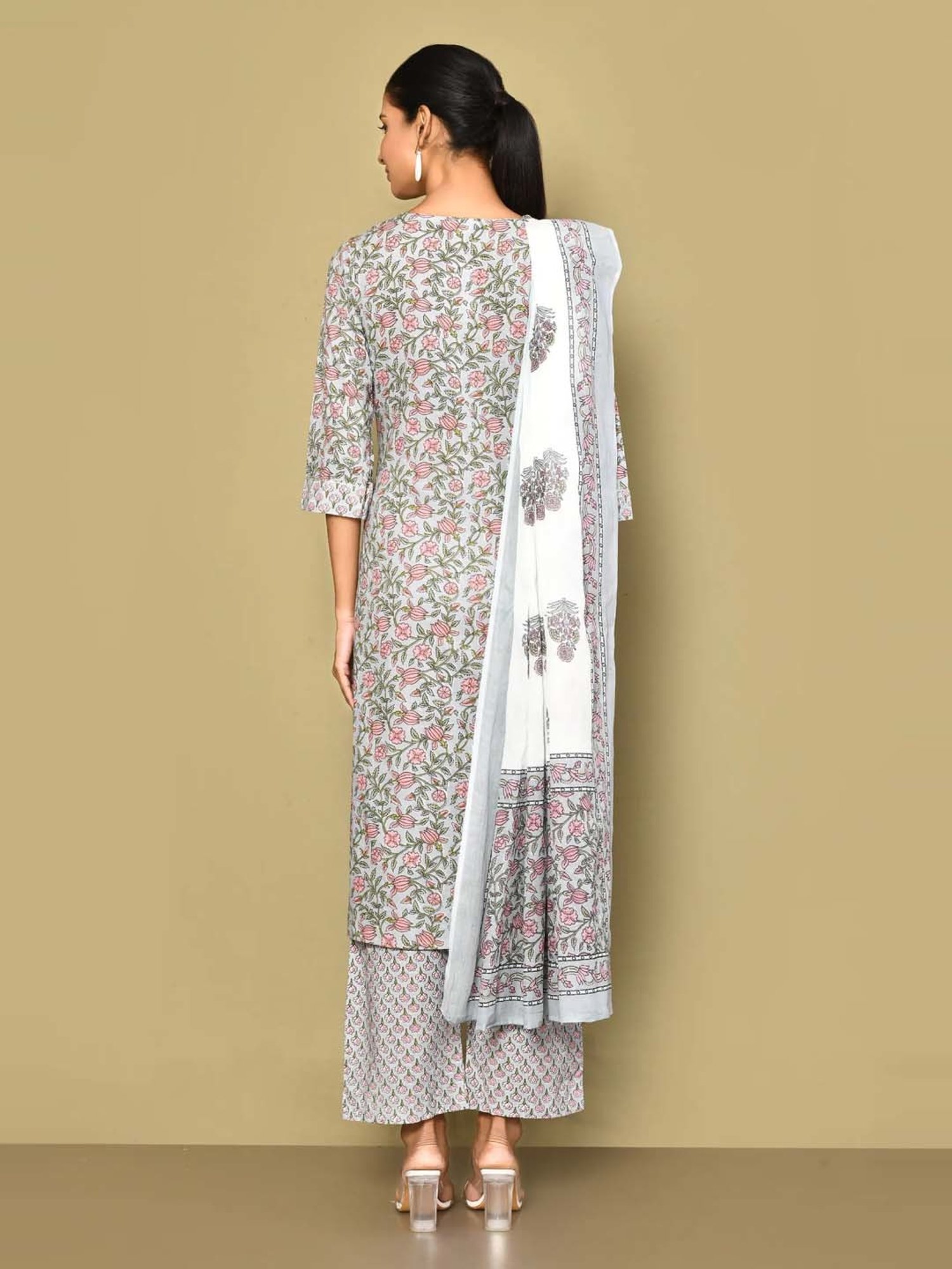 Miravan Blue Cotton Printed Kurta Palazzo Set With Dupatta