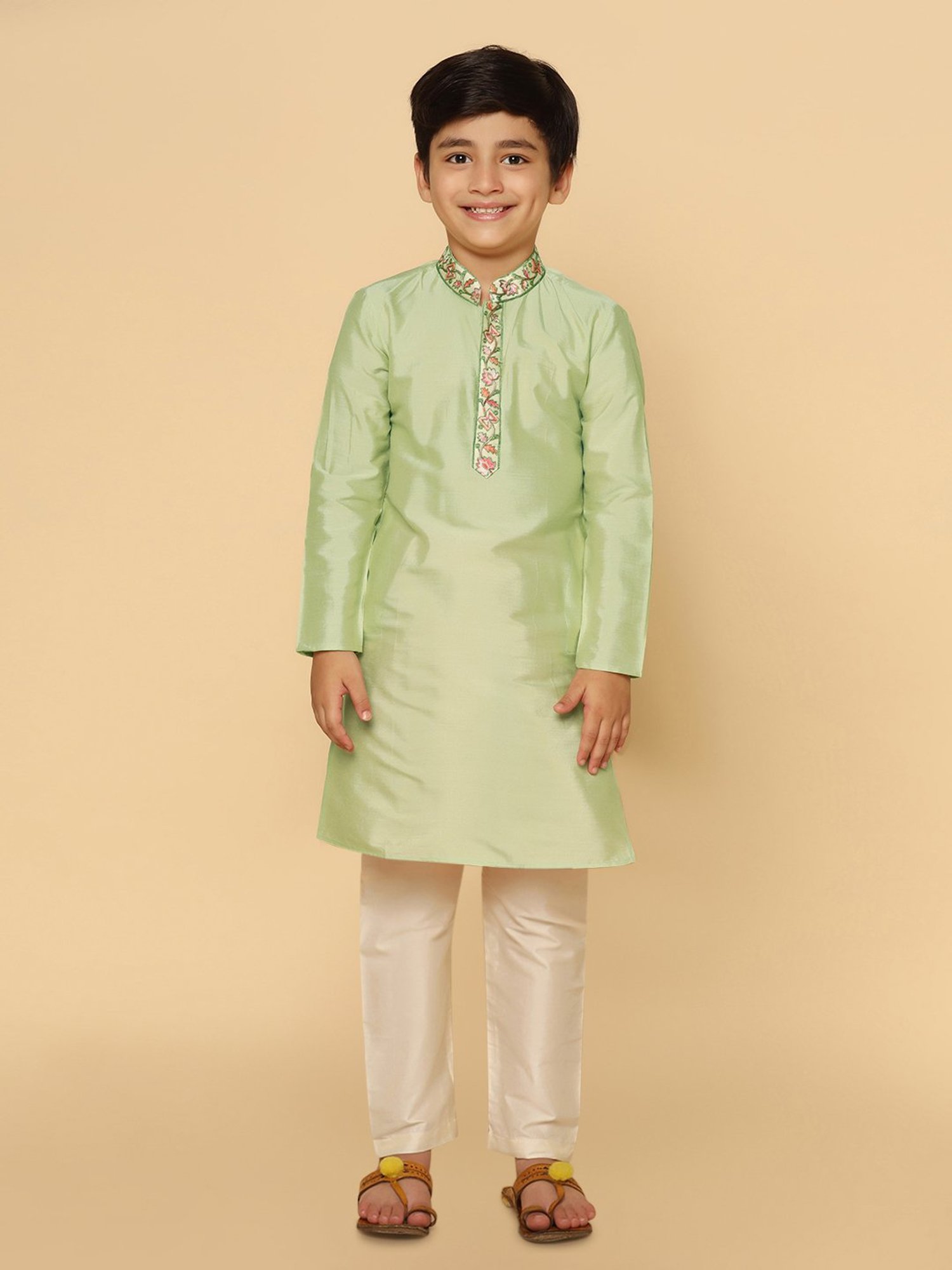 VASTRAMAY Boys Yellow & White Cotton Printed Full Sleeves Kurta Sets