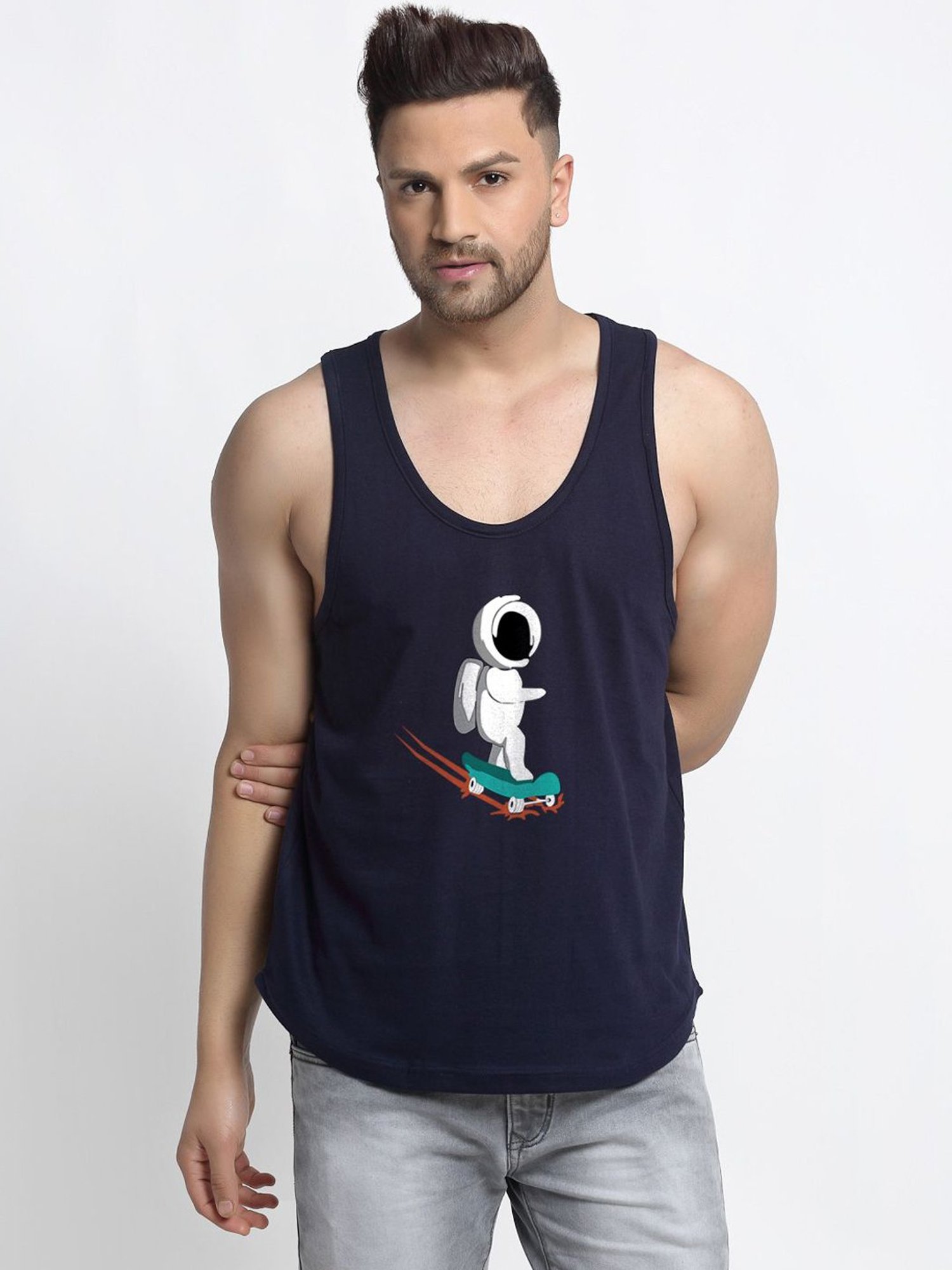 Friskers Multi Cotton Slim Fit Printed Gym Vest - Pack of 2