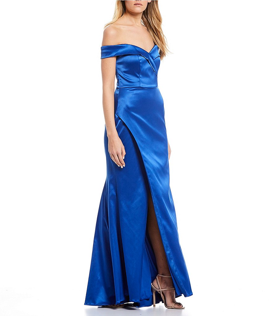 Sequin Hearts Off-The-Shoulder Side Slit Satin Wrap Long Dress