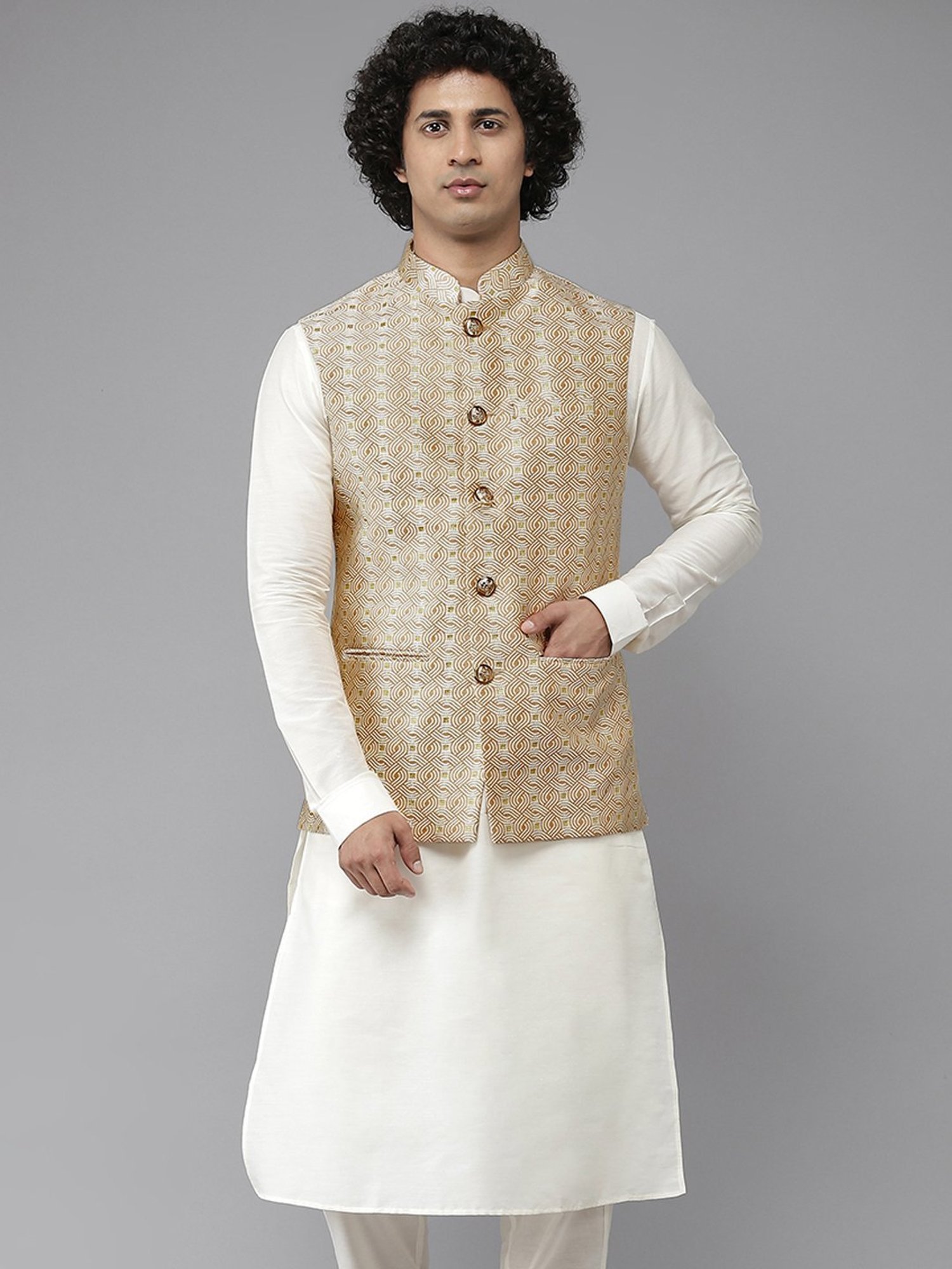 See Designs Gold Regular Fit Self Pattern Nehru Jacket