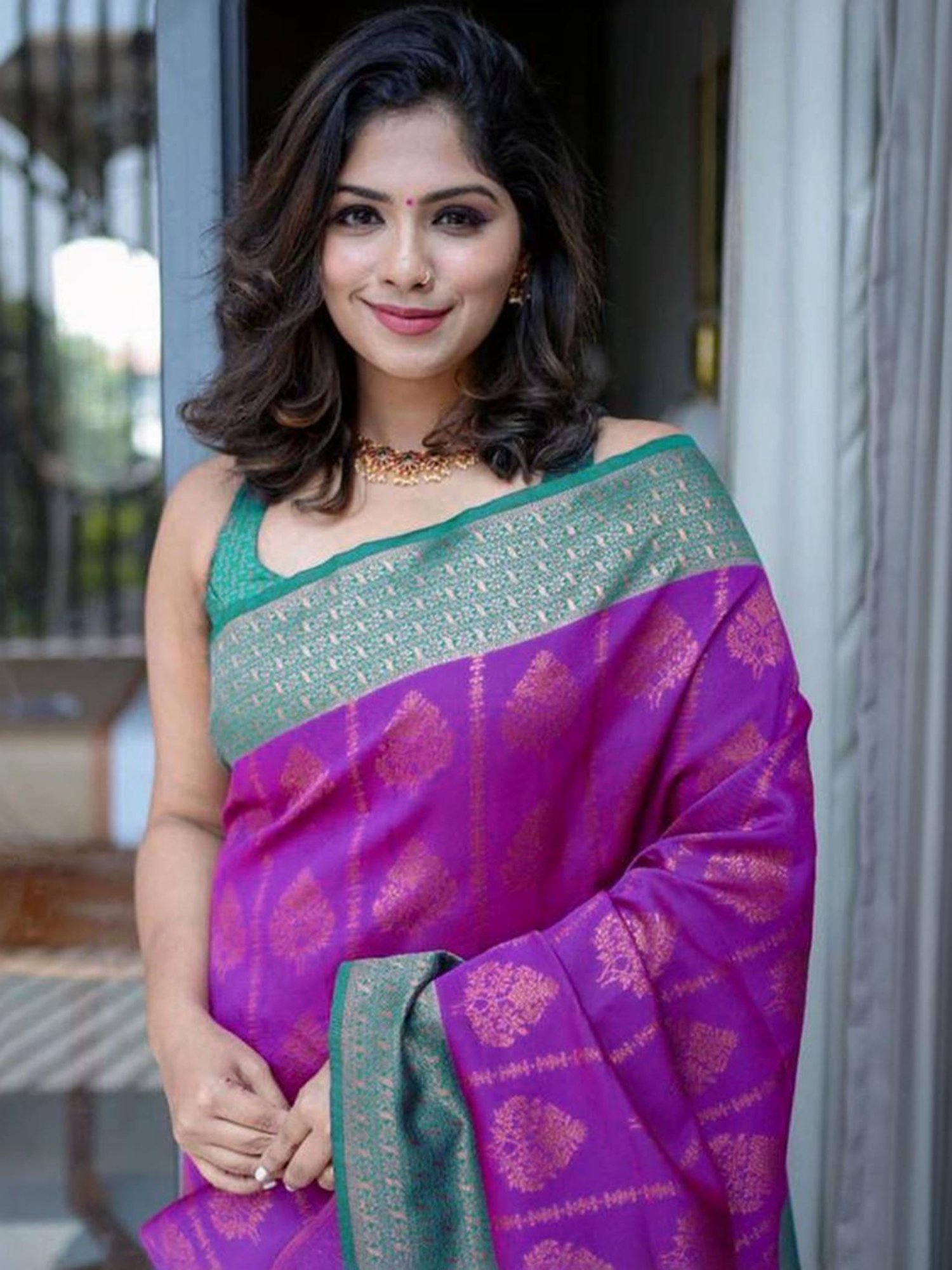 Satrani Purple & Rama Green Woven Saree With Unstitched Blouse