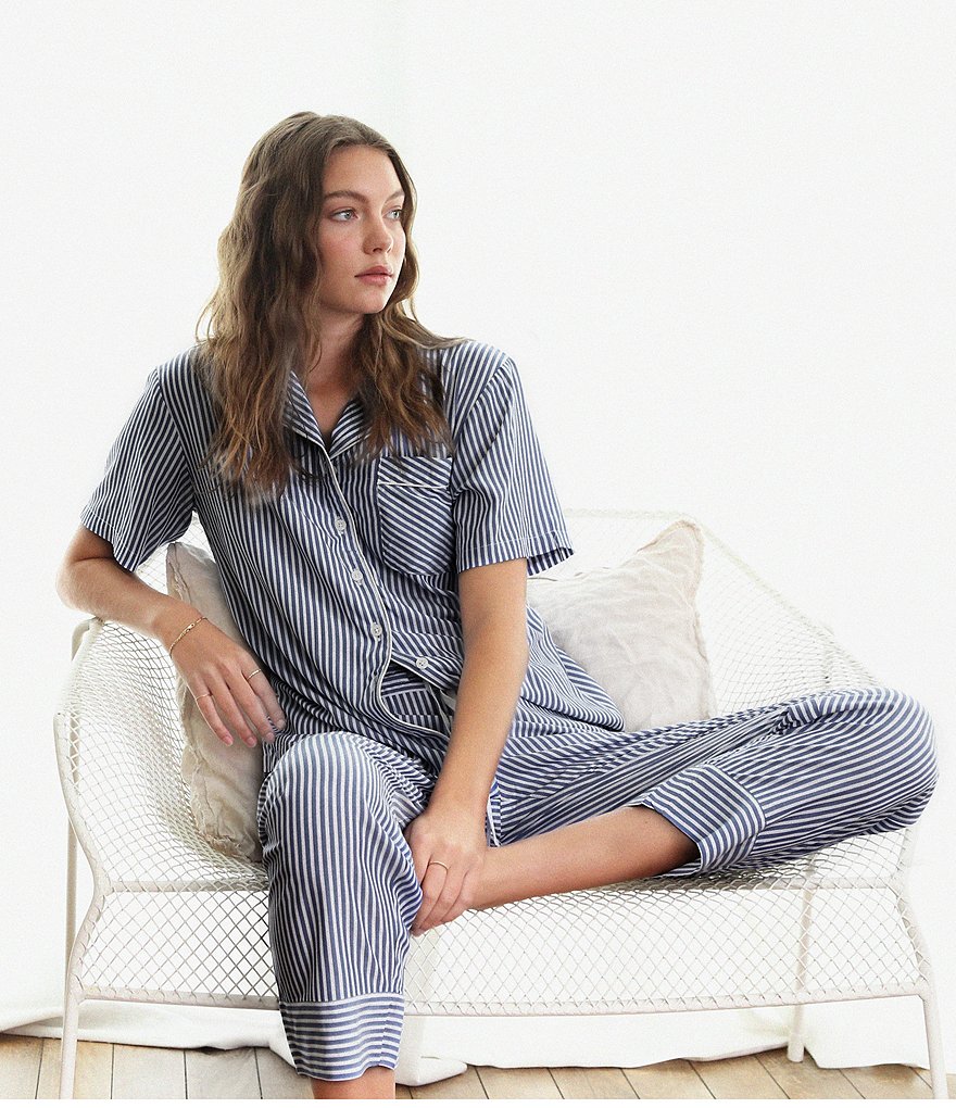 Papinelle Striped Print Short Sleeve Woven Cropped Coordinating Pajama Set