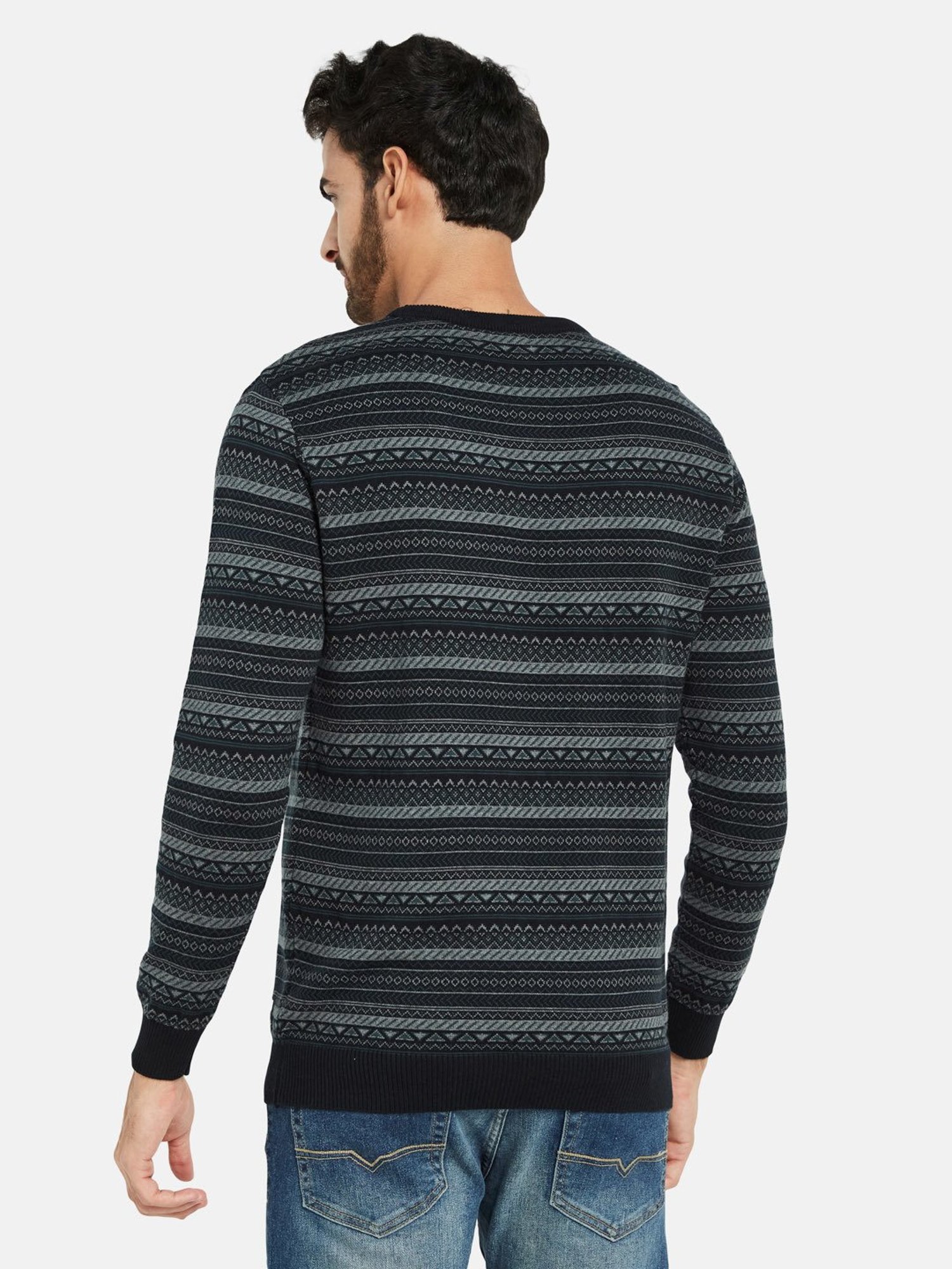 METTLE Dark Navy Regular Fit Striped Sweater