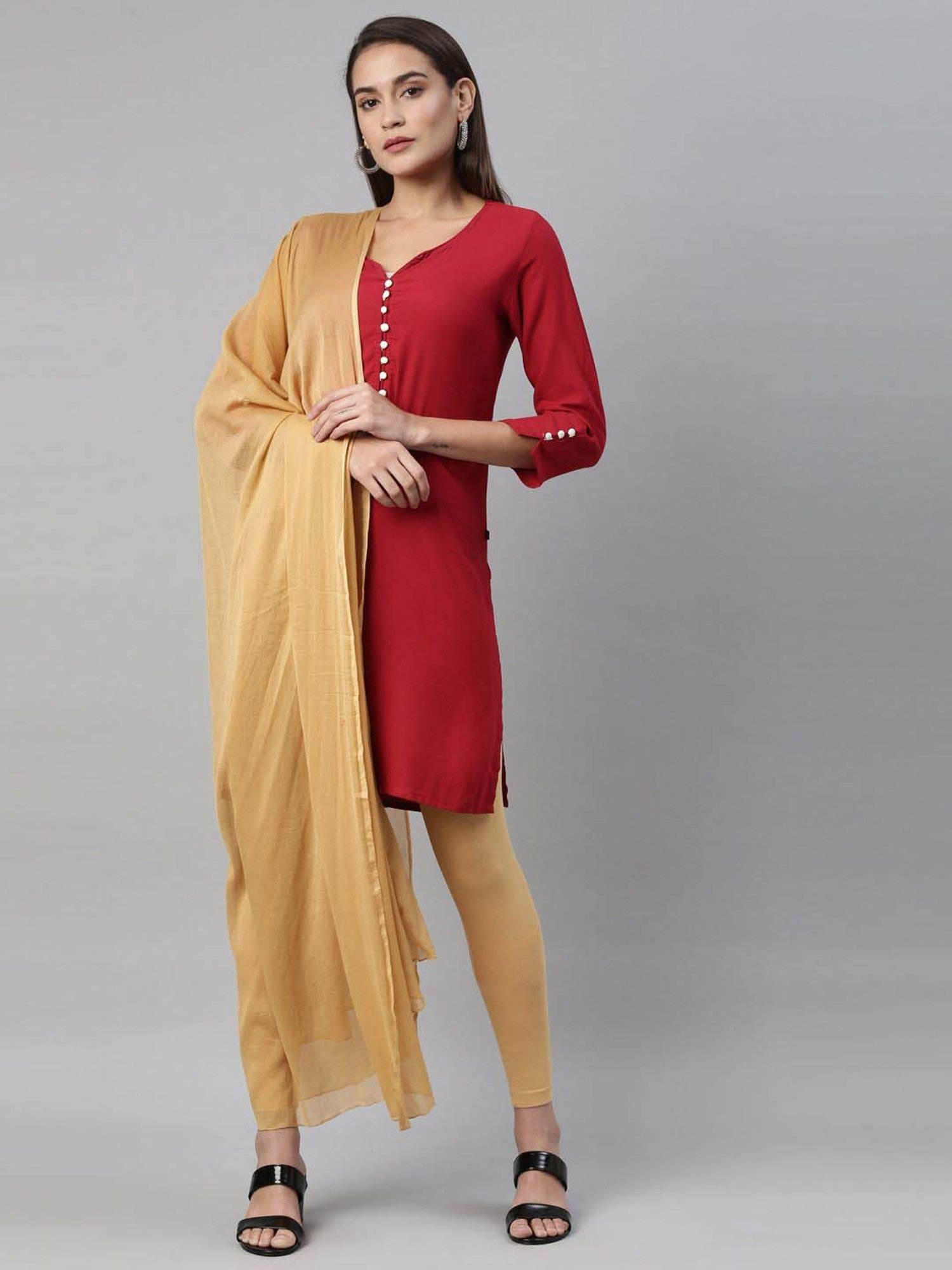 TWIN BIRDS Beige Cotton Ankle Length Leggings With Dupatta