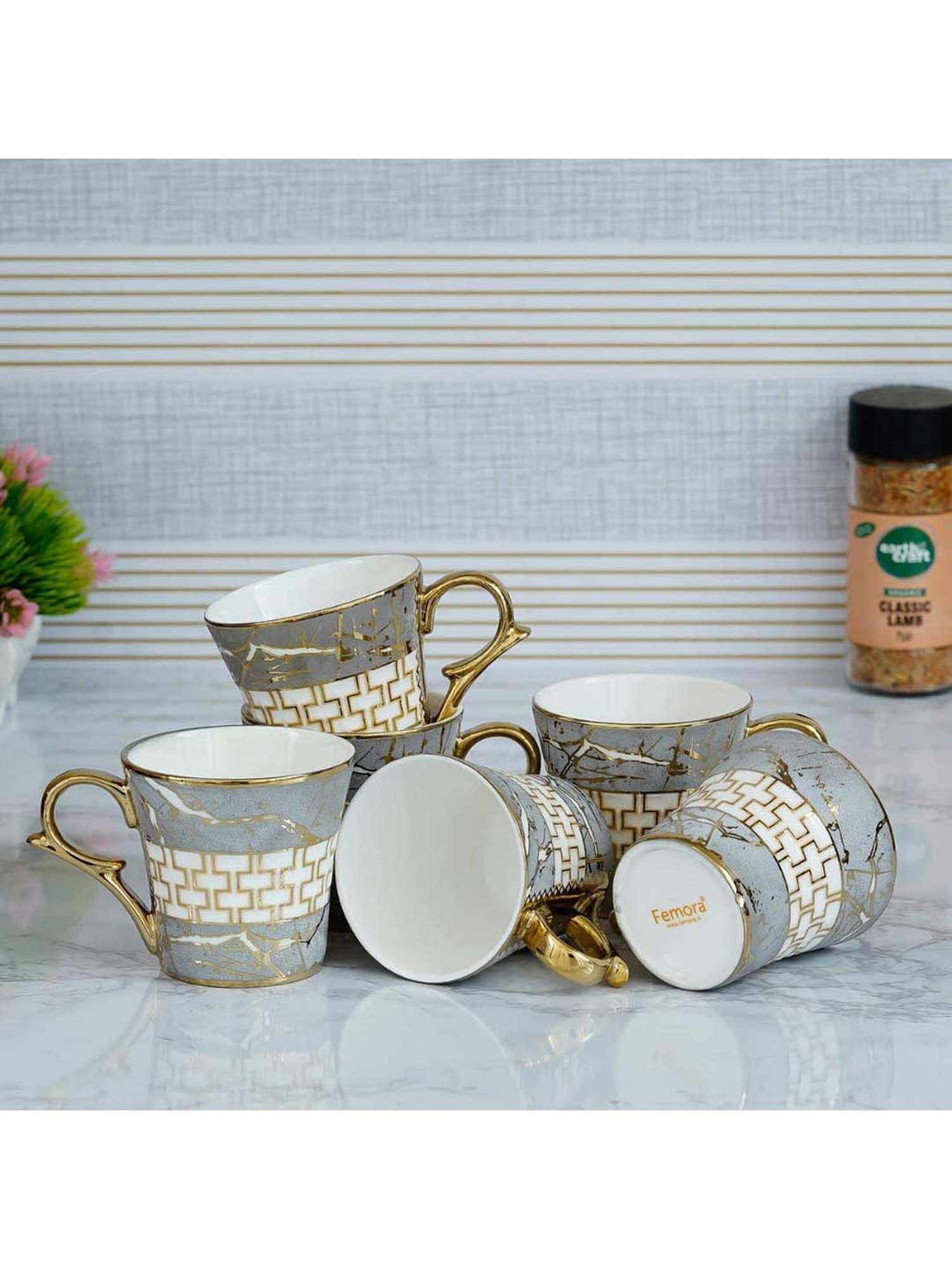 Femora Grey & Gold Ceramic Coffee Mugs (155 ml) - Set of 6