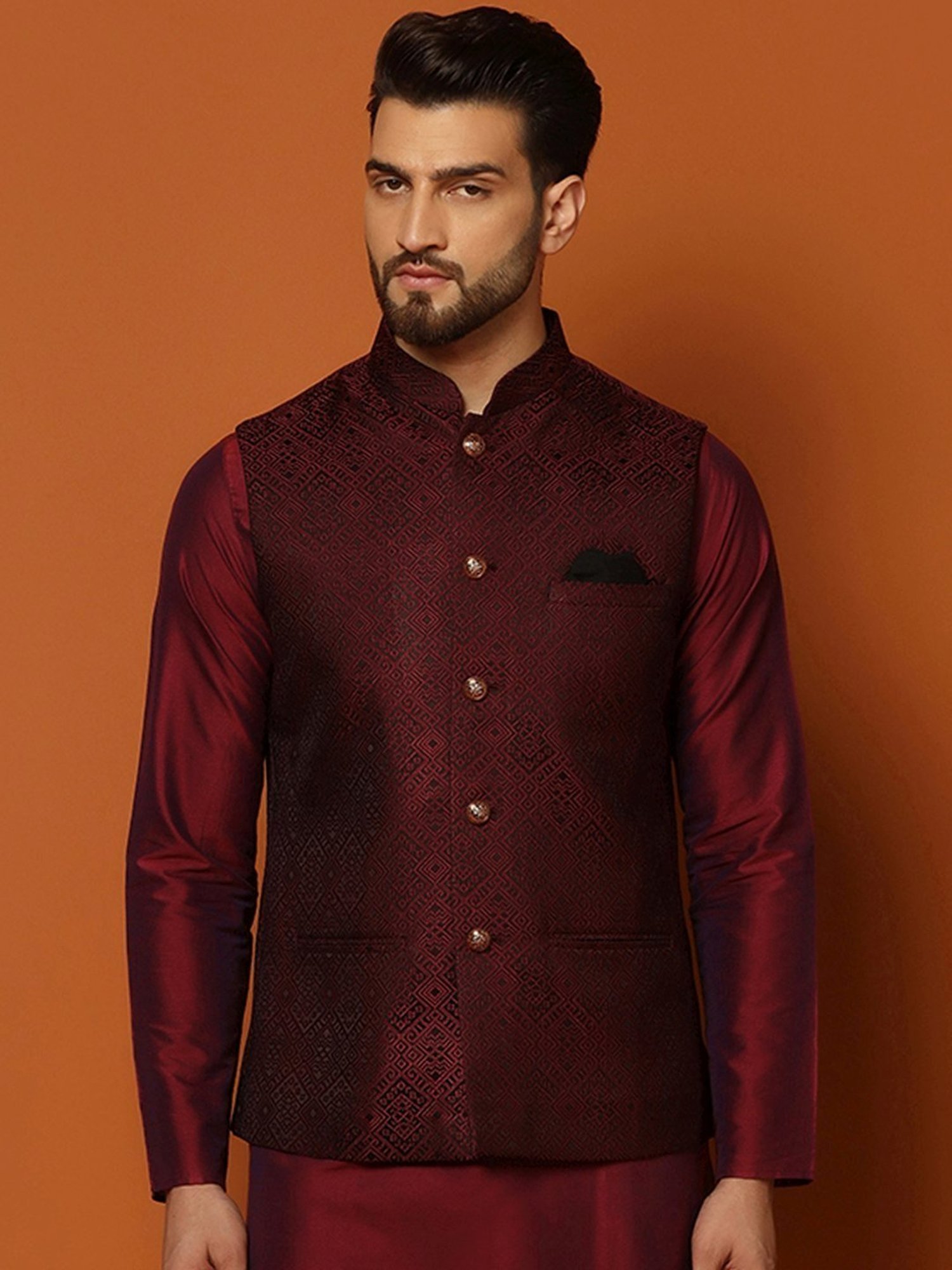 KISAH Maroon Regular Fit Self Pattern Nehru Jacket