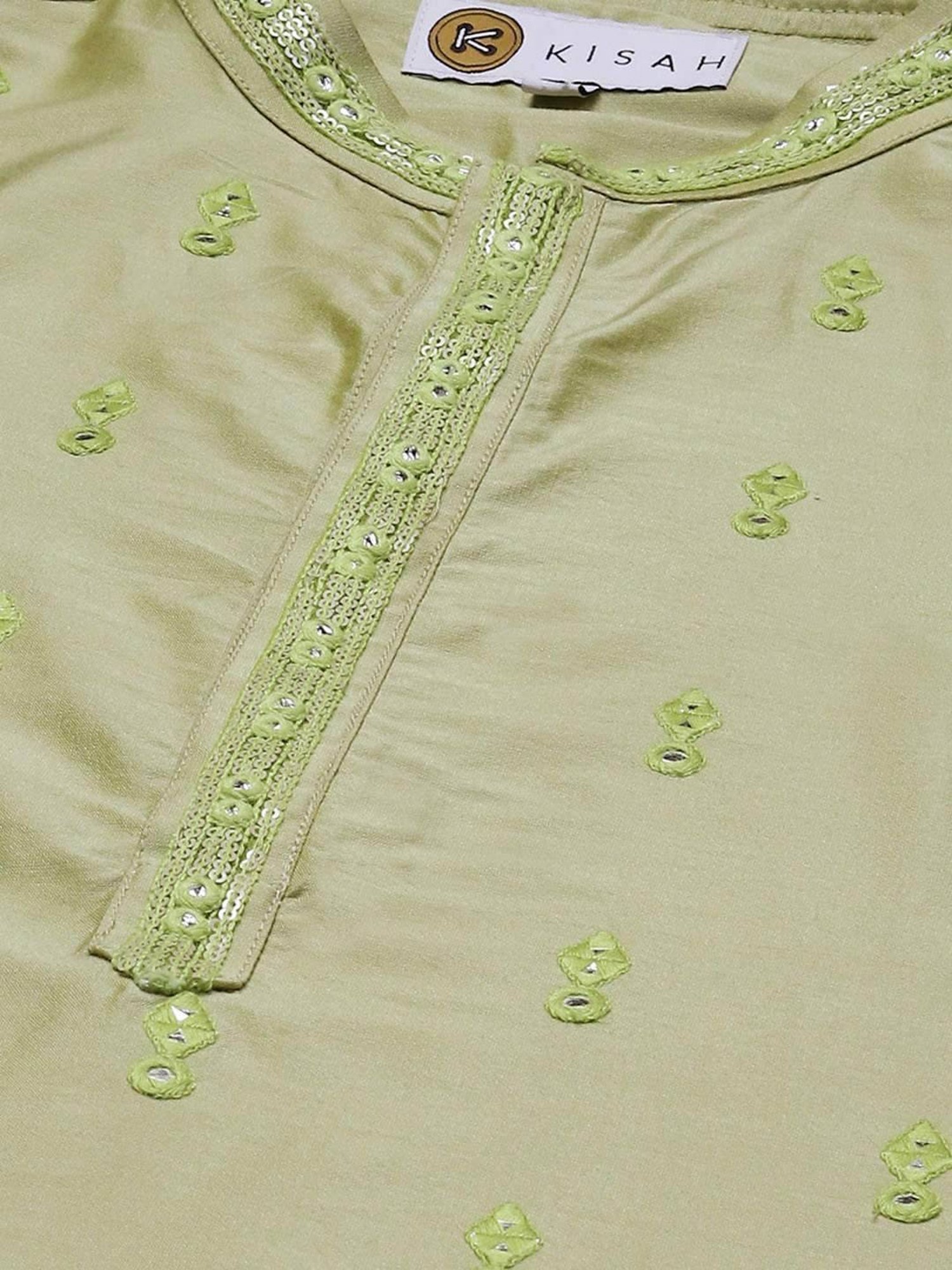 KISAH Mid Green Regular Fit Embroidered Kurta Bottom Set