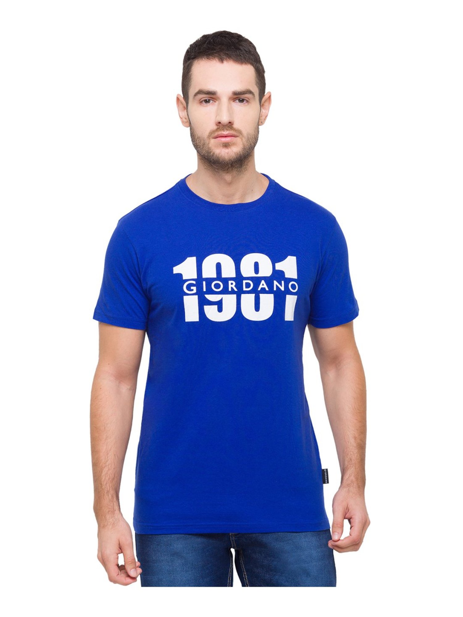 Giordano Blue Cotton Slim Fit Logo Printed T-Shirt