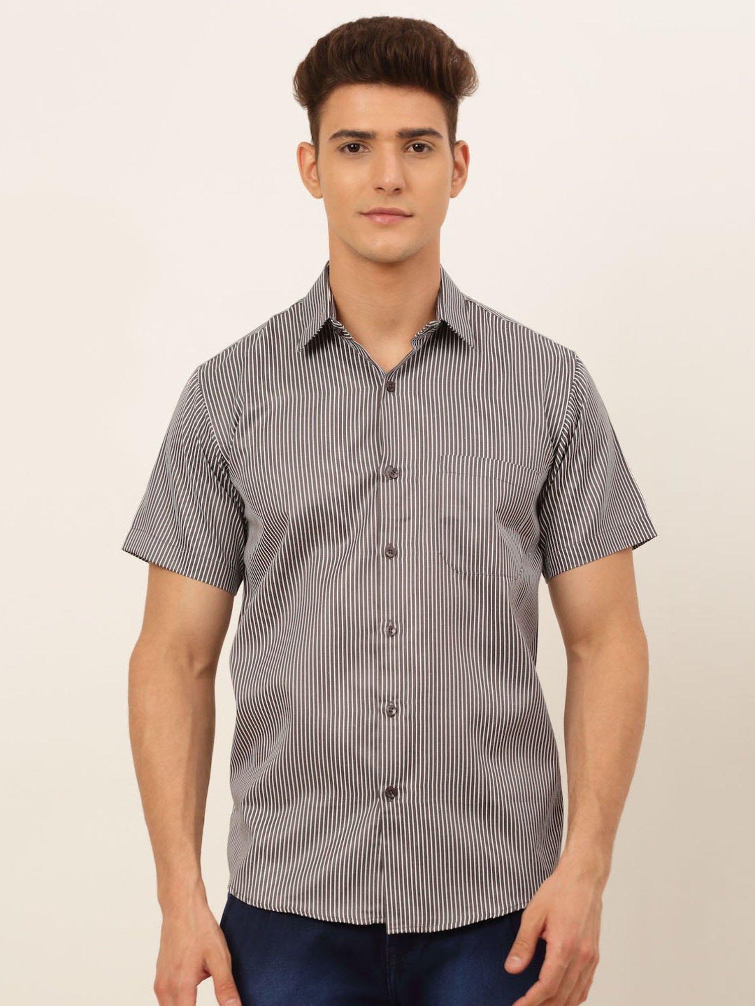 Jainish Brown Regular Fit Striped Shirt
