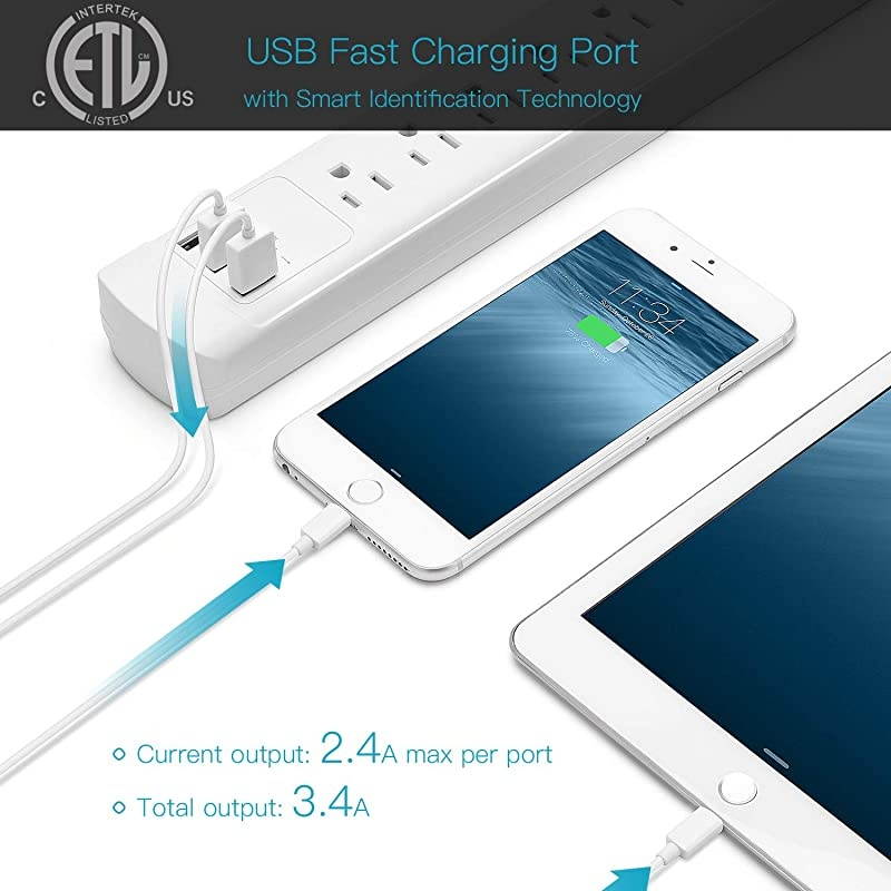 2100J Surge Protector USB Power Strip with ETL Approval 15A Angled Flat Plug Mountable Extension Cord Fast Charging Station 6 Outlet 5ft for Phone Tablet PC Garage Kitchen Home Office White
