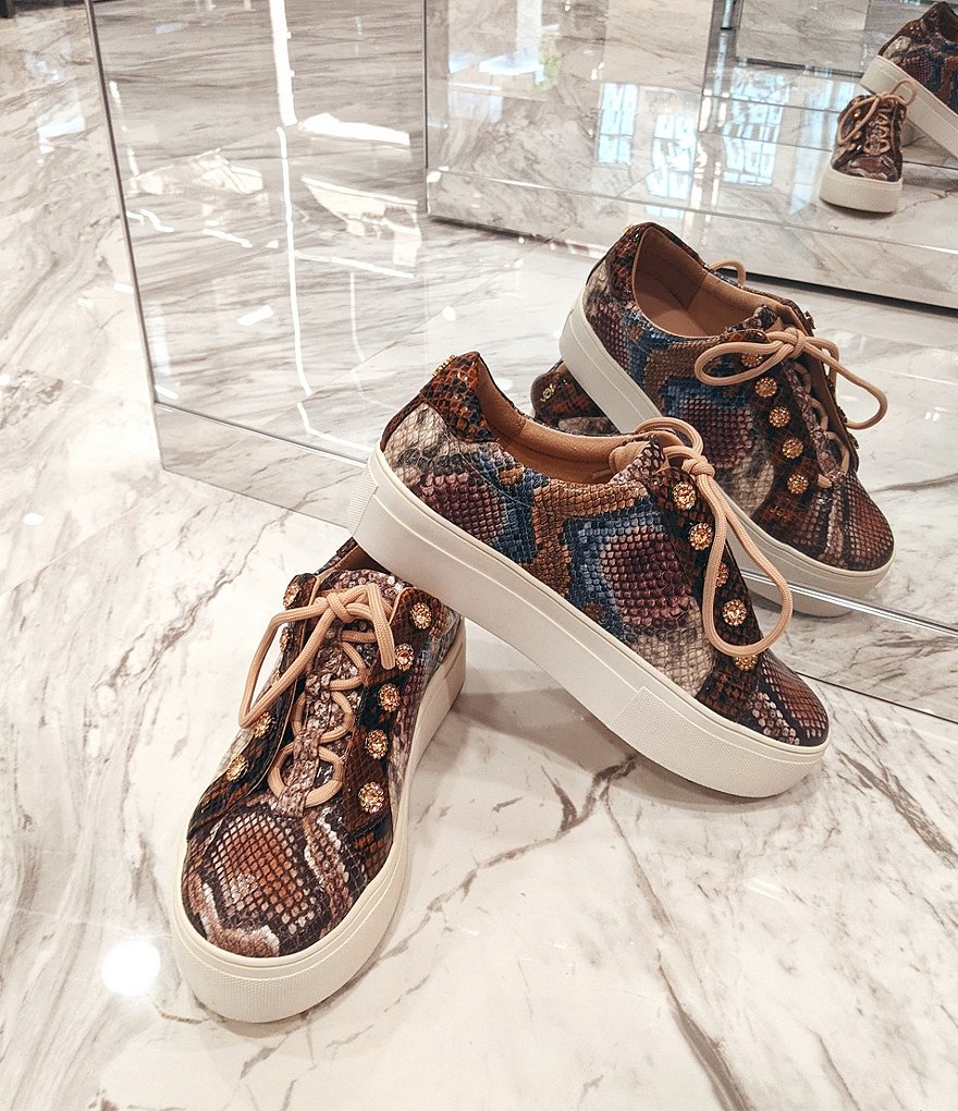 Kurt Geiger London Liviah Snake Print Leather Jewel Stud Detail Lace-Up Sneakers