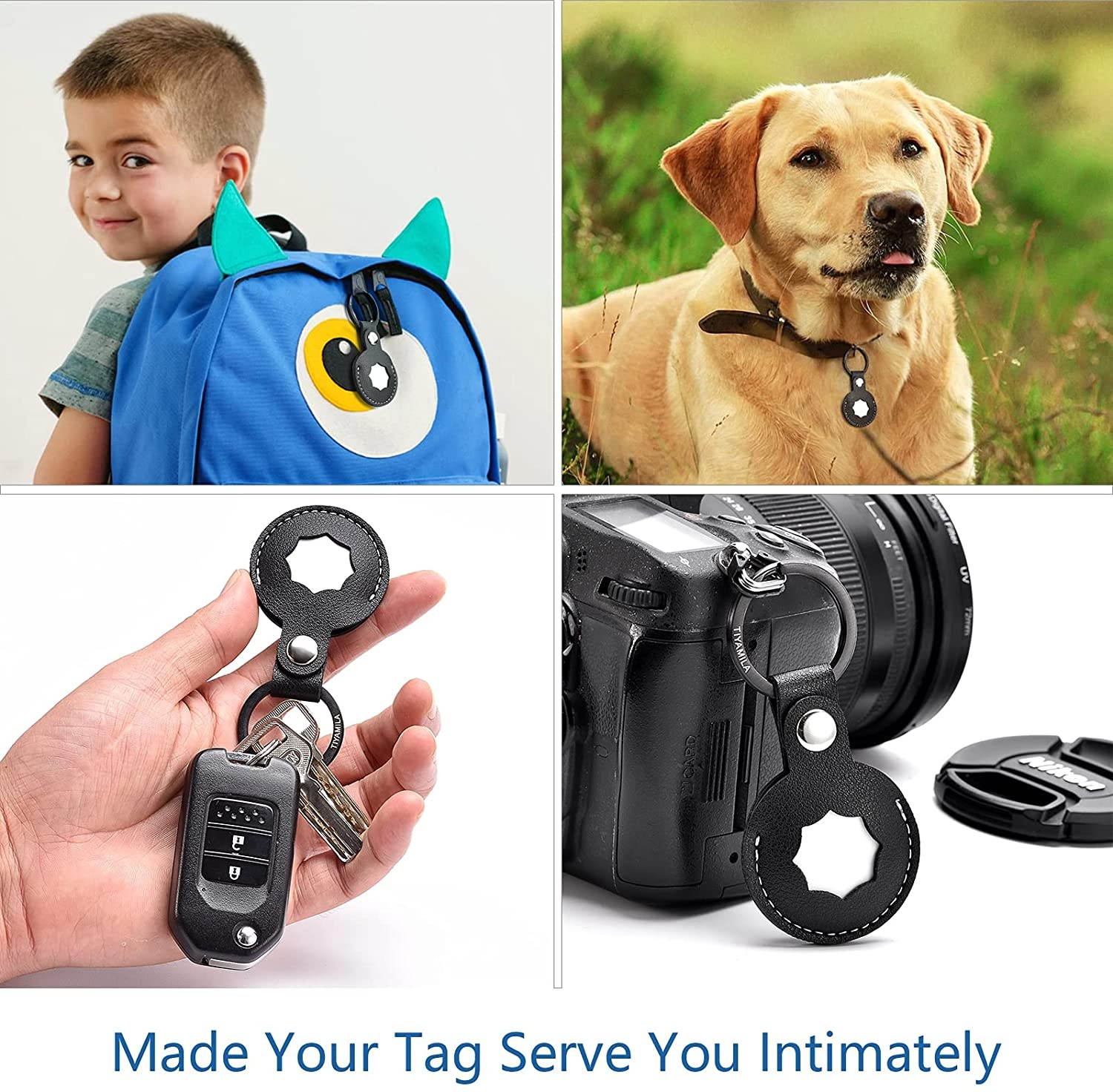 TIYAMILA 2 Pack Genuine Leather Case for AirTag Finder, Carabiner Leather Key Ring for AirTag Finder (Black/White)