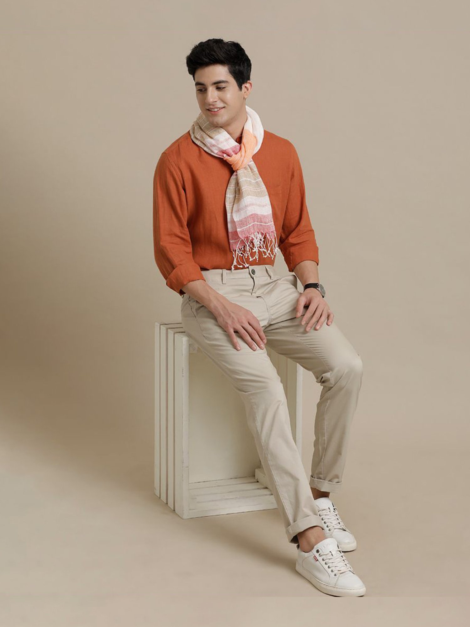 Linen Club Red Striped Pure Linen Stole