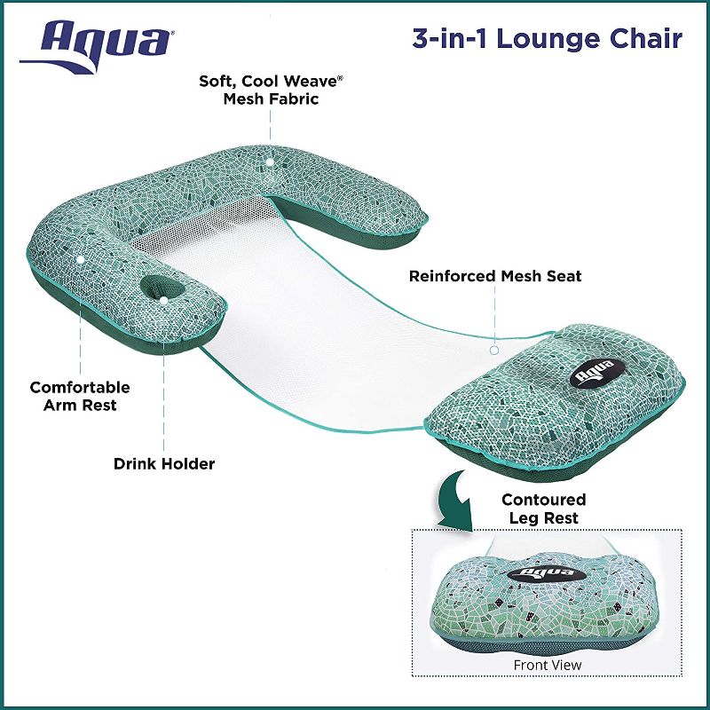 Aqua Mosaic AZL17010 3 in 1 Inflatable Float Lounge Chair with Cupholder 250 Pound Capacity for Swimming Pools, Beach, and Lakes, Green Mosaic