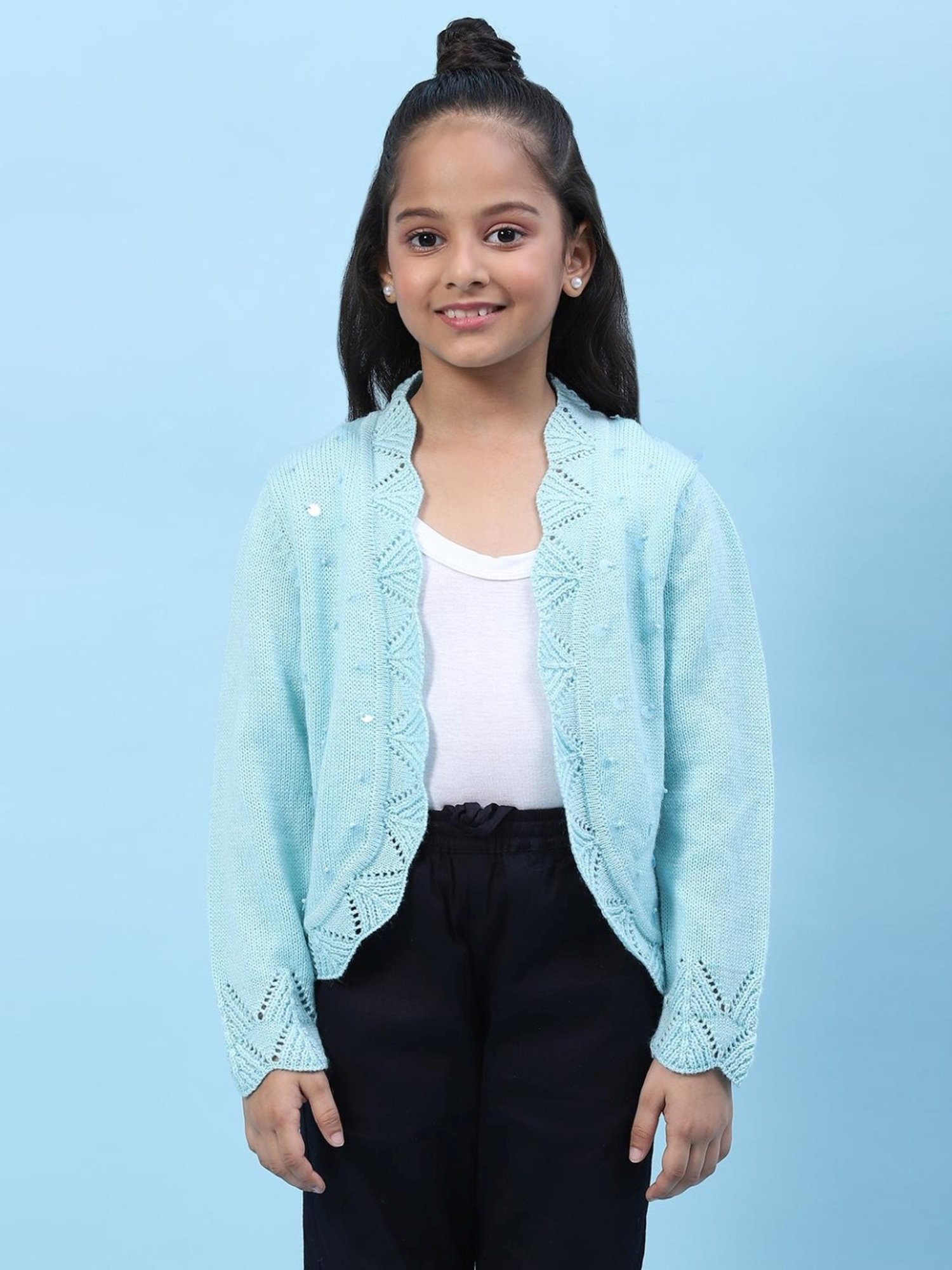 Biba Kids Powder Blue Embellished Full Sleeves Shrug