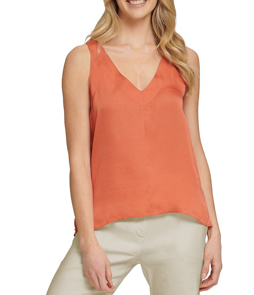 DKNY Topstiched Washer Satin Tank