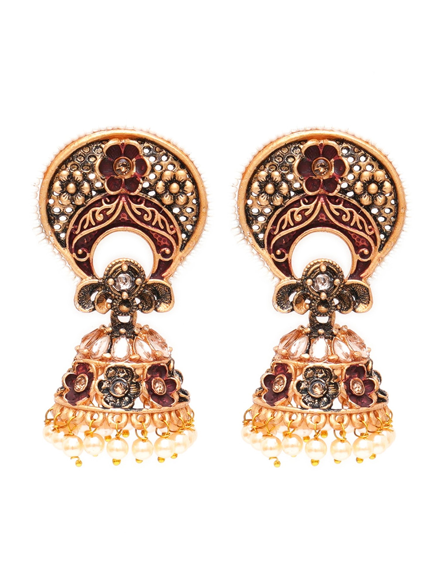 Karatcart Antique Gold-Plated White Beaded Maroon Floral Jhumki Earrings for Women