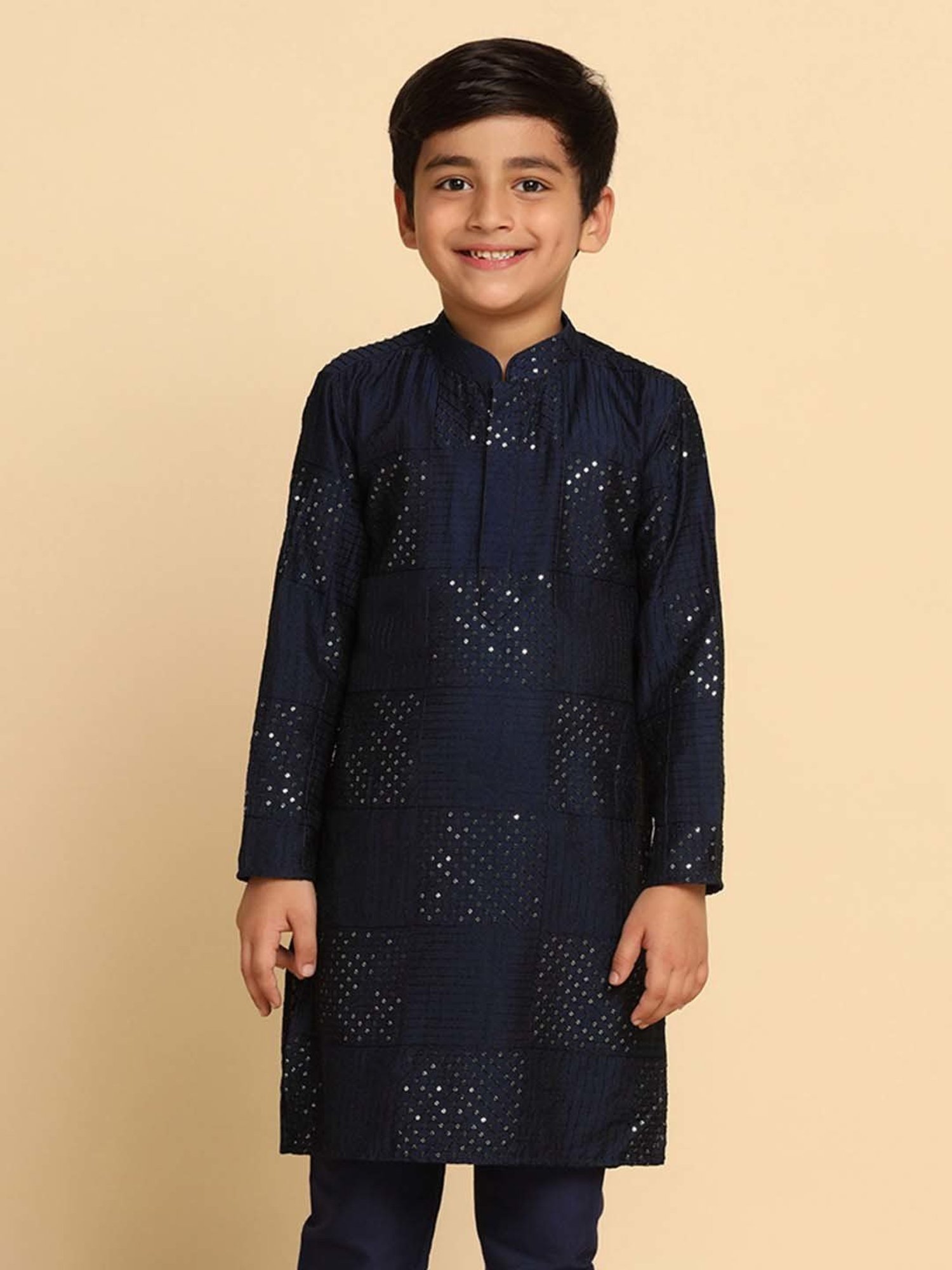KISAH Kids Navy Cotton Embroidered Full Sleeves Kurta