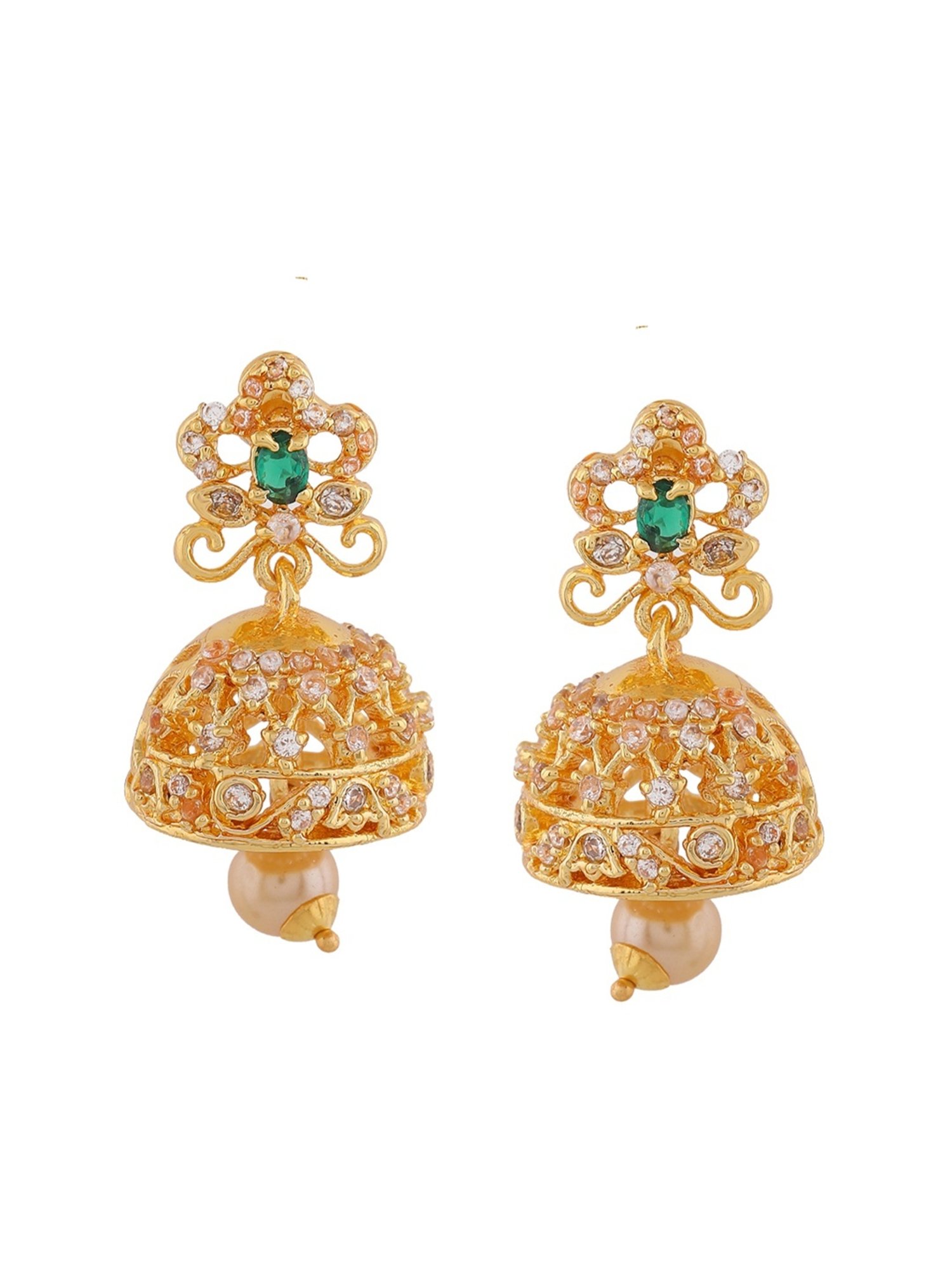 Estele Gold-Plated CZ Beautiful Pearls & Green Crystal Jhumki Earrings