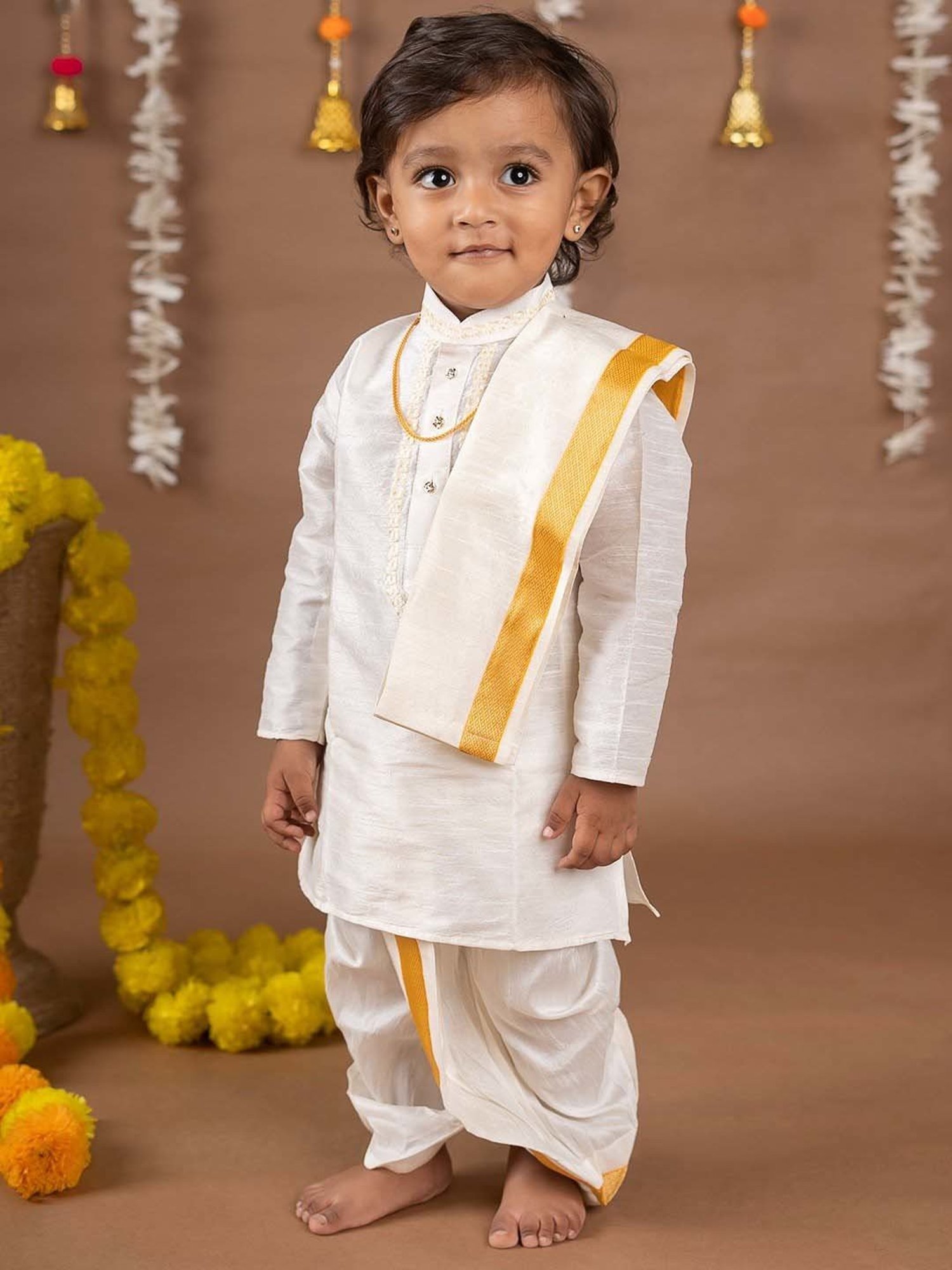 Baby Moo Kids Cream & Yellow Regular Fit Full Sleeves Kurta Set