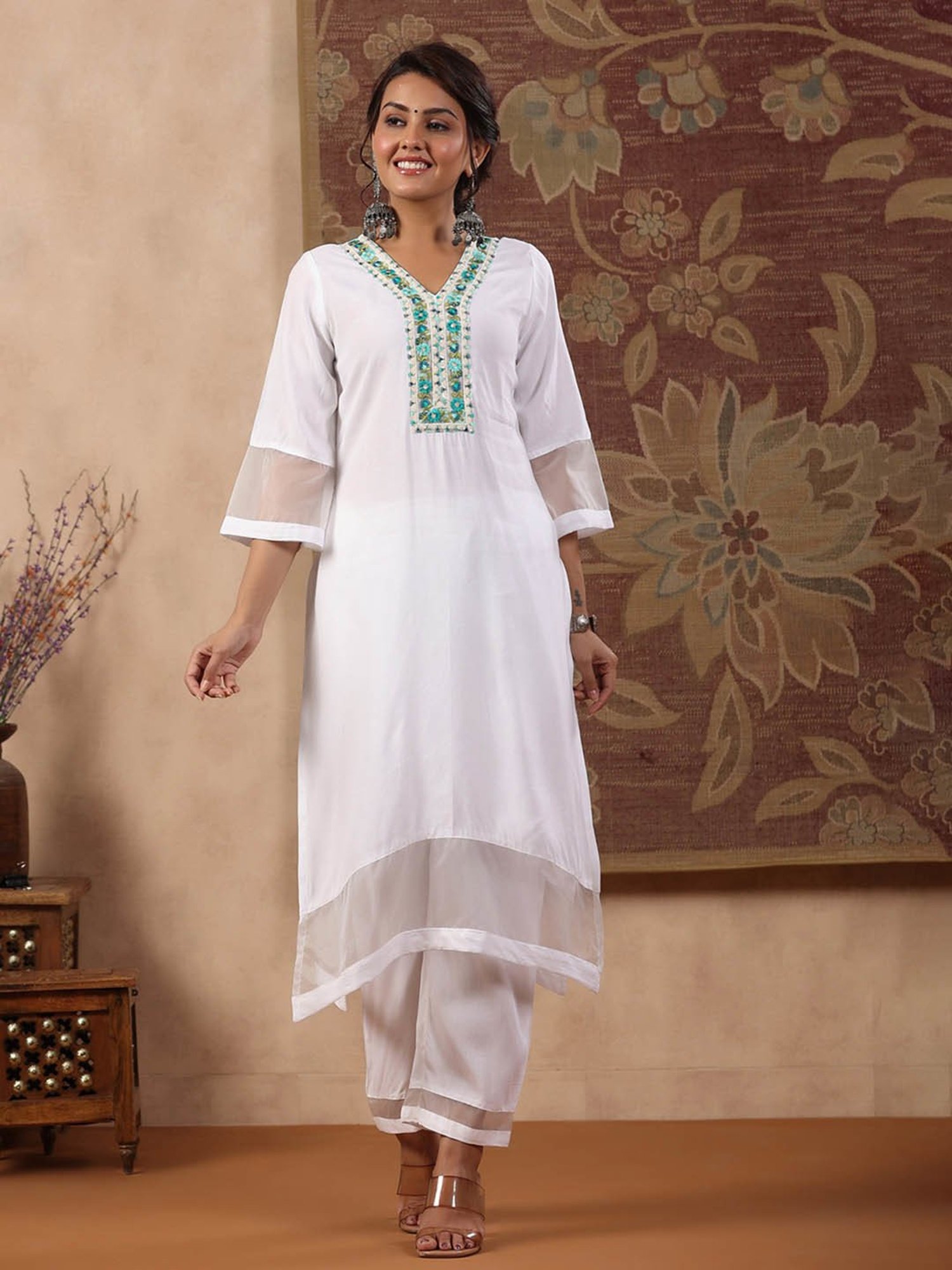 Rain and Rainbow White Floral Kurta Pant Set