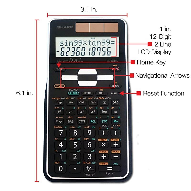 EL531TGBBW 12Digit ScientificEngineering Calculator with Protective Hard Cover Battery and Solar Hybrid Powered LCD Display Great for Students and Professionals BlackBlack and White