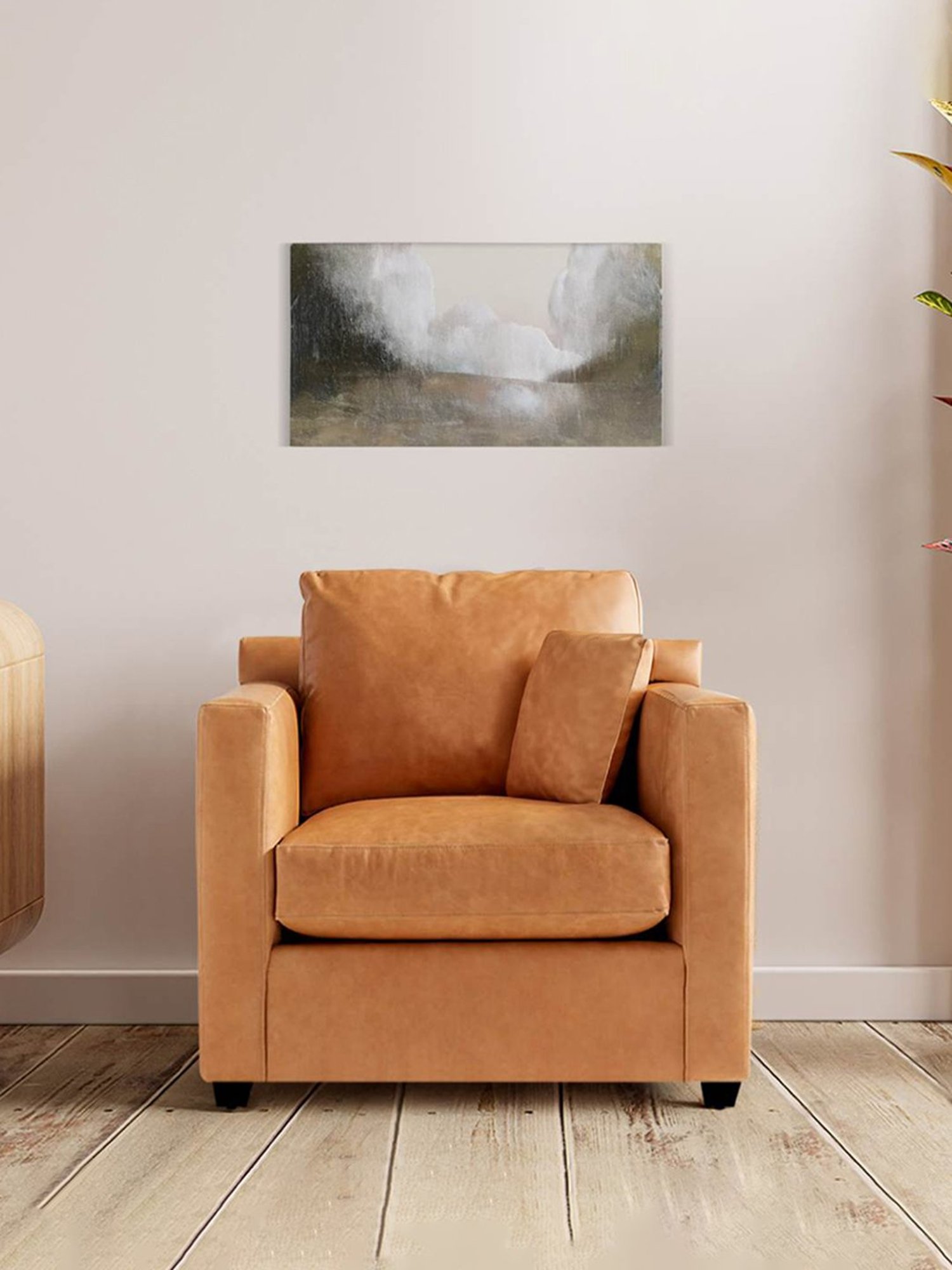 Trevi Olive Orange Leather & Neem Wood 1 Seater Sofa