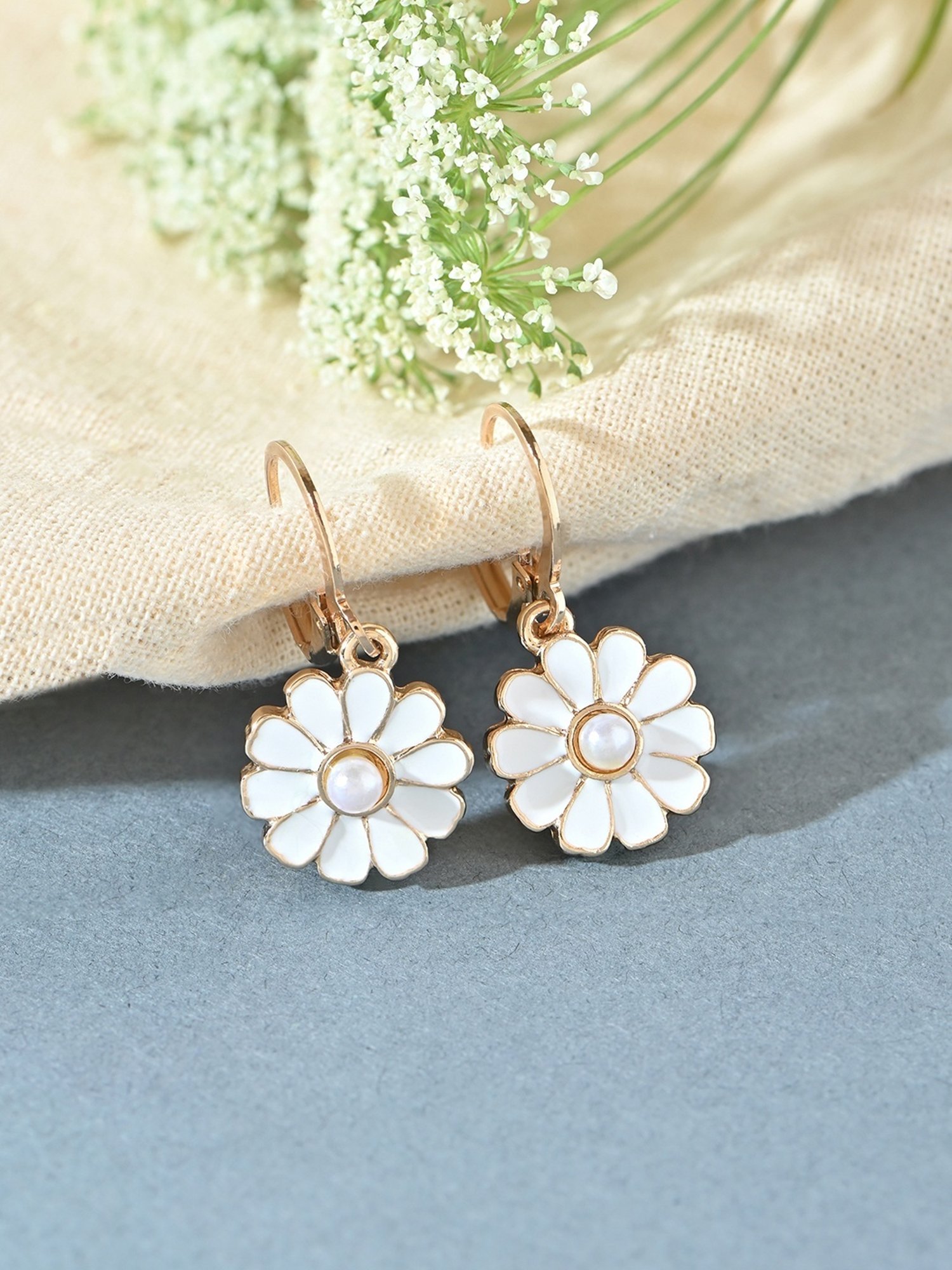 Toniq Gold Floral White Enamel Drop Earrings