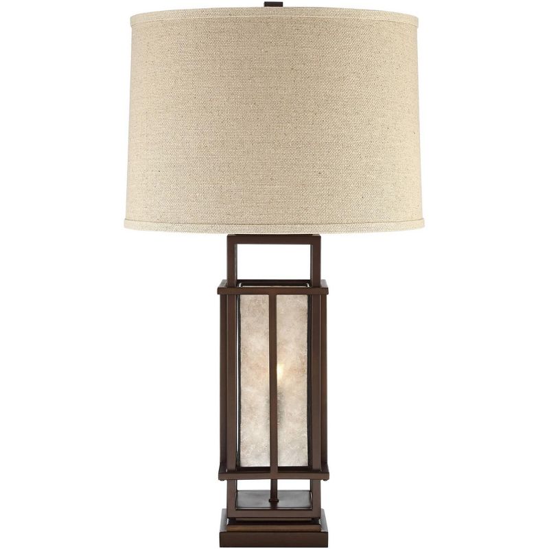 Franklin Iron Works Rustic Farmhouse Table Lamp with Nightlight LED Caged Brown Oatmeal Fabric Drum Shade for Living Room Bedroom