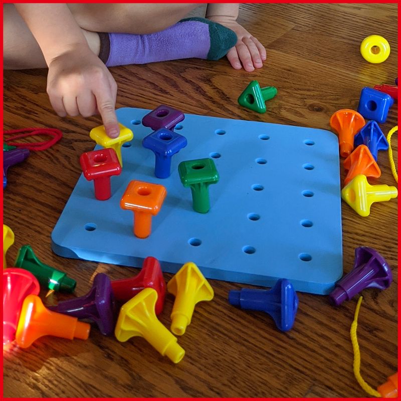 Edx Education Geo Pegs and Peg Board Set - 36 Pegs in 3 Shapes and 6 Colors + 3 Laces - Ages 18m+