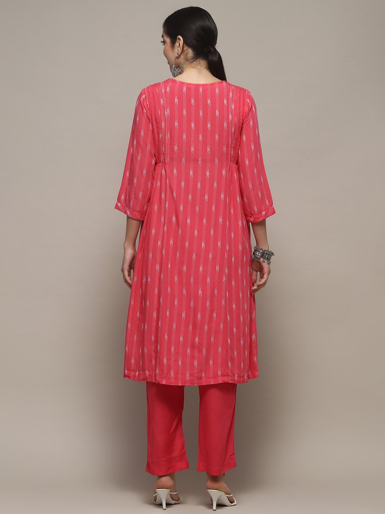 Biba Pink Woven Pattern Kurta Pant Set With Dupatta