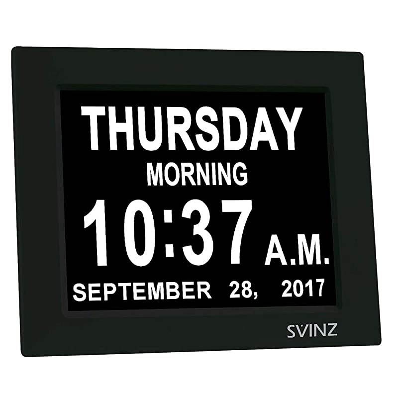 Snooze Button Newest  5 Alarms Dementia Clock 2 AutoDim Options Large 8 Display Wall Digital Calendar Day Clock for Vision Impaired Elderly Memory Loss Black SDC008
