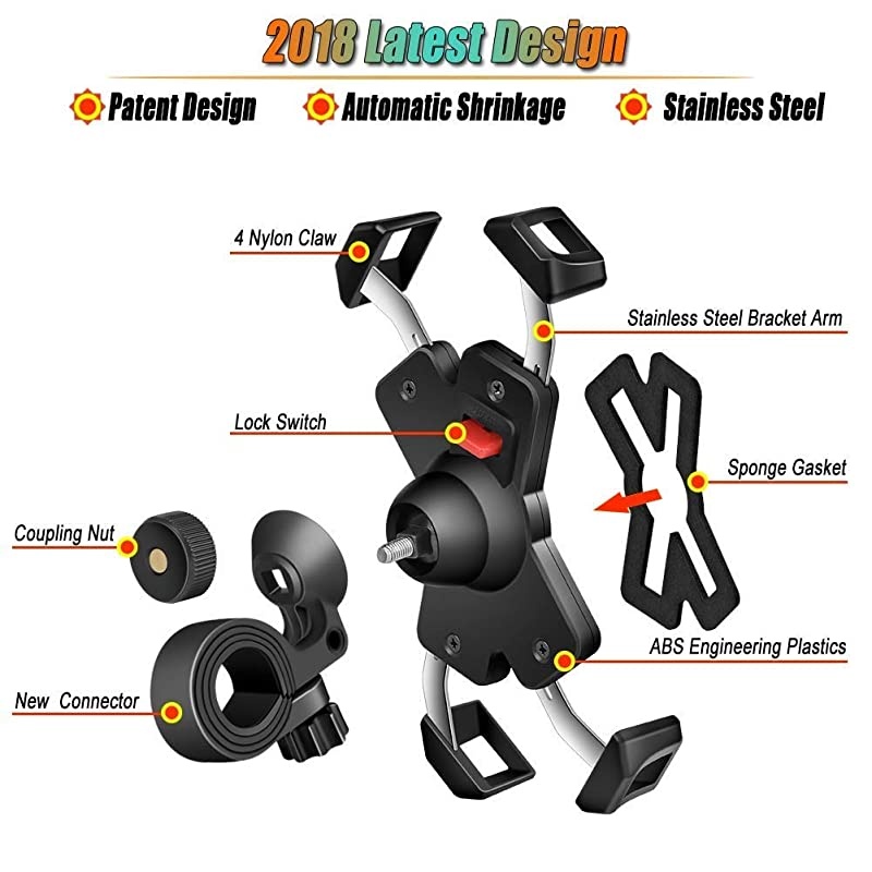 New Bike Phone Mount with Stainless Steel Clamp Arms Anti Shake and Stable 360&deg; Rotation Bike AccessoriesBike Phone Holder for Any Smartphones GPS Other Devices Between 4 and 7 inches